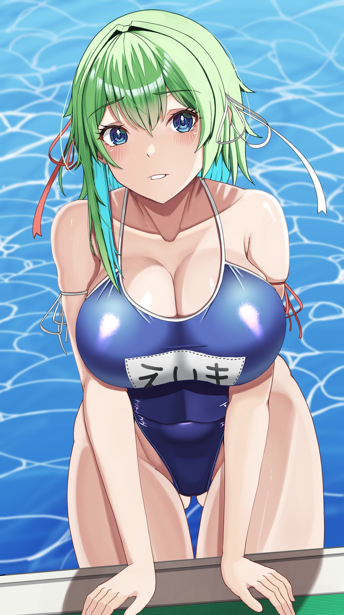 1girls 2d bare_shoulders belly belly_button belly_button_visible_through_clothing big_breasts blue_eyes blush breasts cleavage eiki_shiki female green_hair hair_ornament hips hossy huge_breasts large_breasts looking_at_viewer open_mouth short_hair shy solo source standing swimming_pool swimsuit swimwear thick_thighs thighs touhou wide_hips