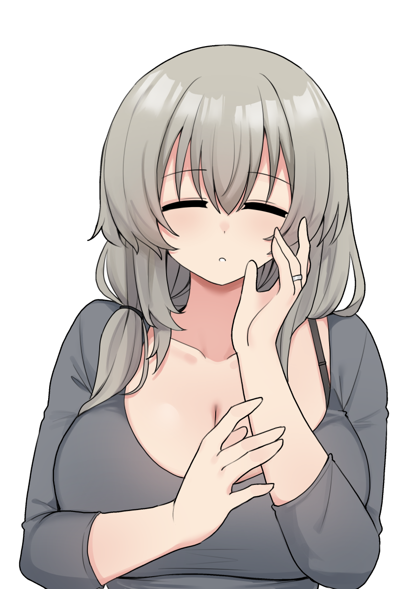 1girls bra_strap breasts cleavage closed_eyes collarbone facing_viewer grey_hair grey_shirt hair_over_shoulder hi_res huge_breasts jewelry jorin large_breasts looking_at_viewer mature_female milf open_mouth ring shirt simple_background solo upper_body uzaki-chan_wa_asobitai! uzaki_tsuki wedding_ring white_background