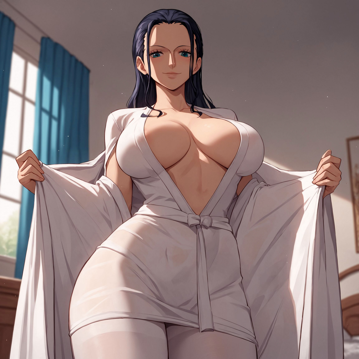1girls, ai generated, alex schura, alex-schura, big breasts, black hair, blue eyes, breasts, clothed, clothing, color, curvaceous, curvaceous body, curves, curvy, curvy body, curvy female, curvy figure, female, female focus, female only, hi res, hourglass figure, inner sideboob, large breasts, light skin, light-skinned female, long hair, looking at viewer, nico robin, one piece, pantyhose, shounen jump, solo, solo female, tagme, thick thighs, voluptuous, voluptuous female