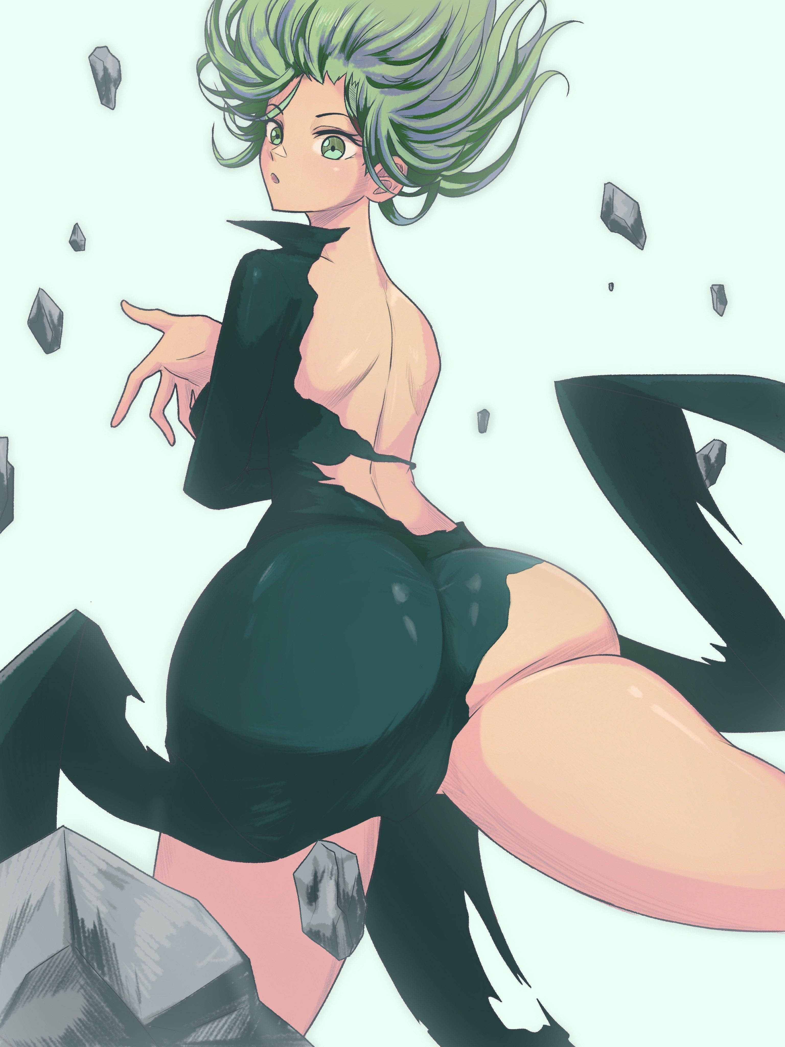 1girls, ass, ass focus, back, back view, bare legs, bare thighs, big ass, big butt, breasts, clothed, clothing, color, female, female focus, female only, green eyes, green hair, hi res, light skin, light-skinned female, looking at viewer, one-punch man, opalisart, ripped clothing, short hair, small breasts, solo, solo female, tagme, tatsumaki, thick thighs