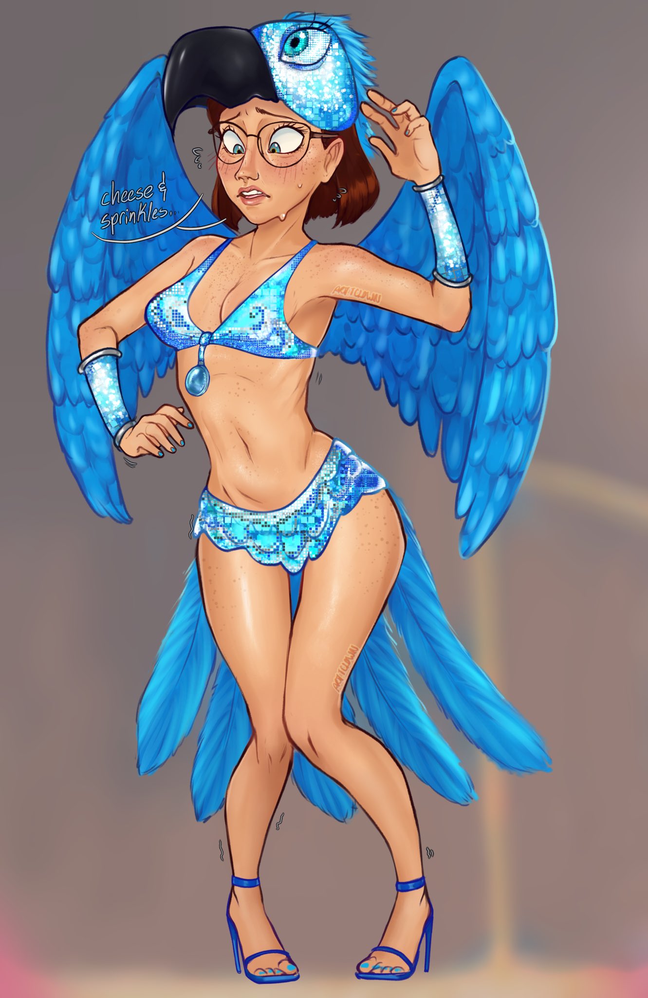 1girls, alternate version available, artsytheclown, blue sky studios, breasts, favorite linda, female, female focus, female only, high heels, light skin, light-skinned female, linda gunderson, medium breasts, rio (series), short hair, solo female