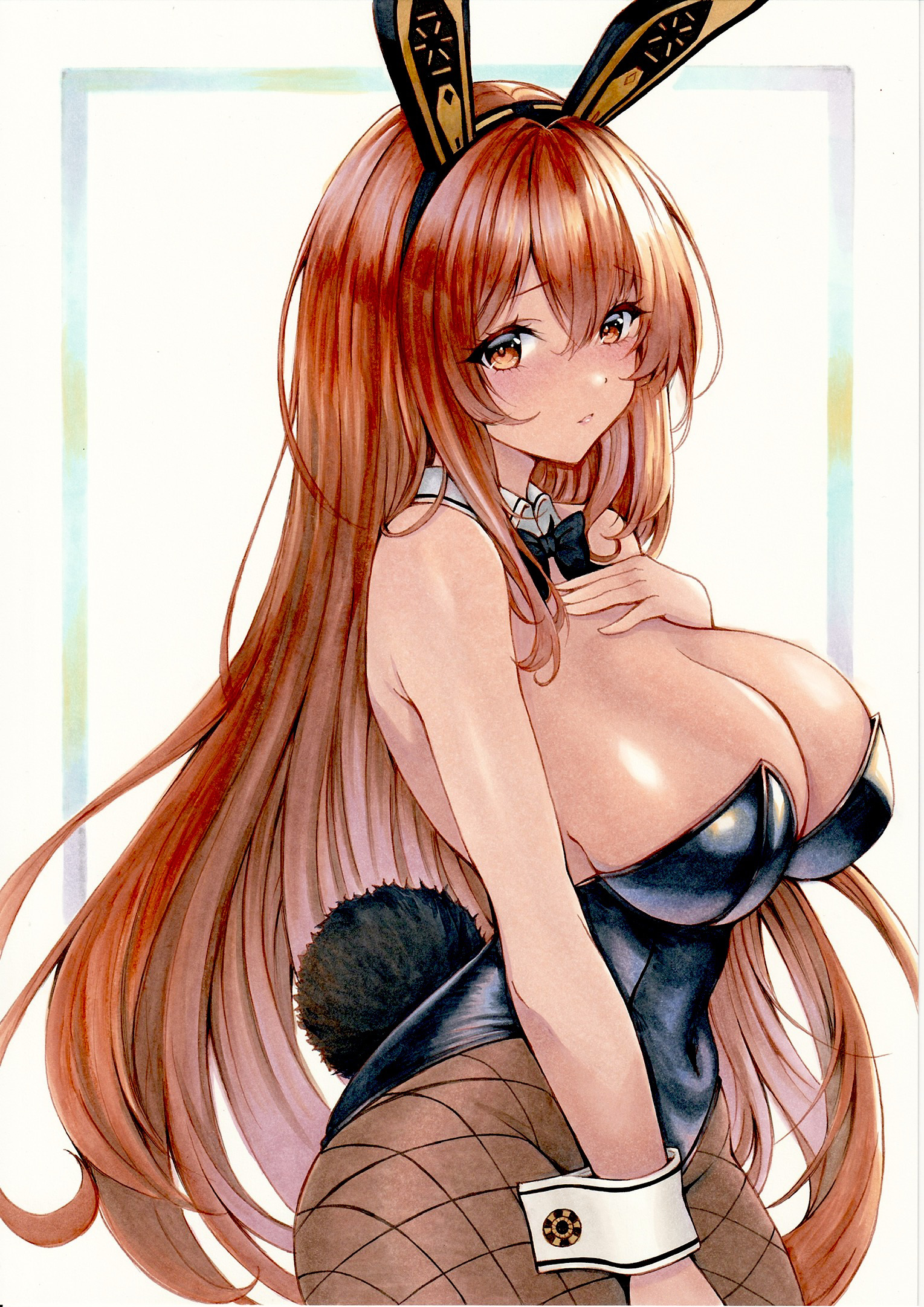 1girls, breasts, brown hair, bunny ears, bunnysuit, cleavage, dark skin, dark-skinned female, female, female only, fishnets, goddess of victory: nikke, hand on chest, large breasts, long hair, noir (nikke), orange eyes, white background