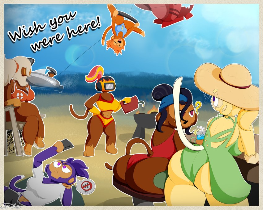 6girls admiral_brickell adora_(bloons_tower_defense) anthro ass beach big_ass bikini bloons_tower_defense eyebrows_visible_through_hat ezili female female_only furniture gazaster group gwendolin monkey monkey_girl primate rosalia_(bloons_tower_defense) sand sauda wide_hips