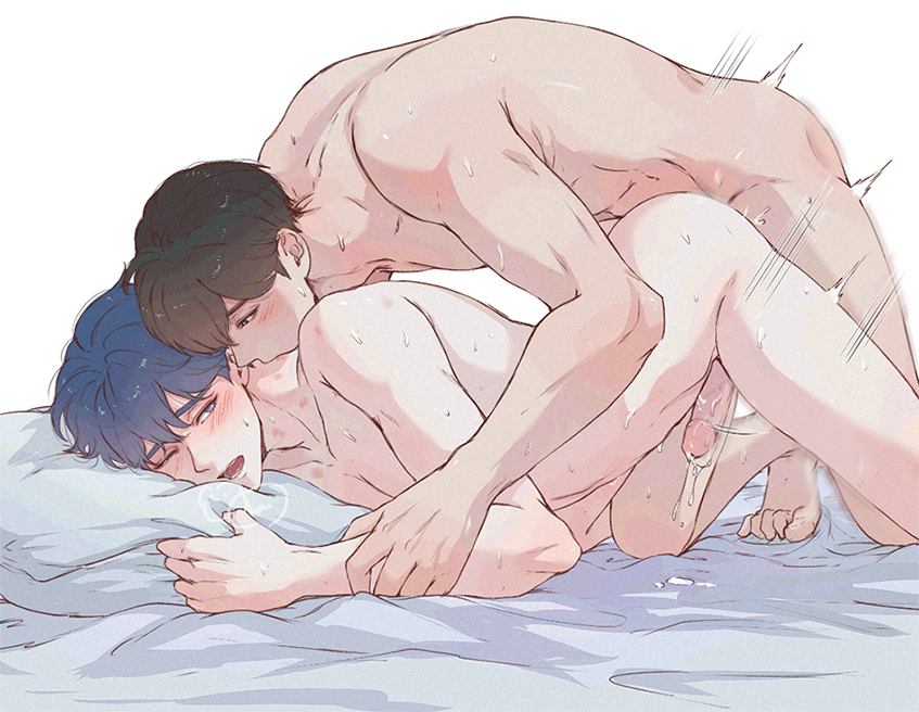 2boys black_eyes black_hair blue_eyes blue_hair cum gay hamin_(plave) male penis plave yejun_(plave)