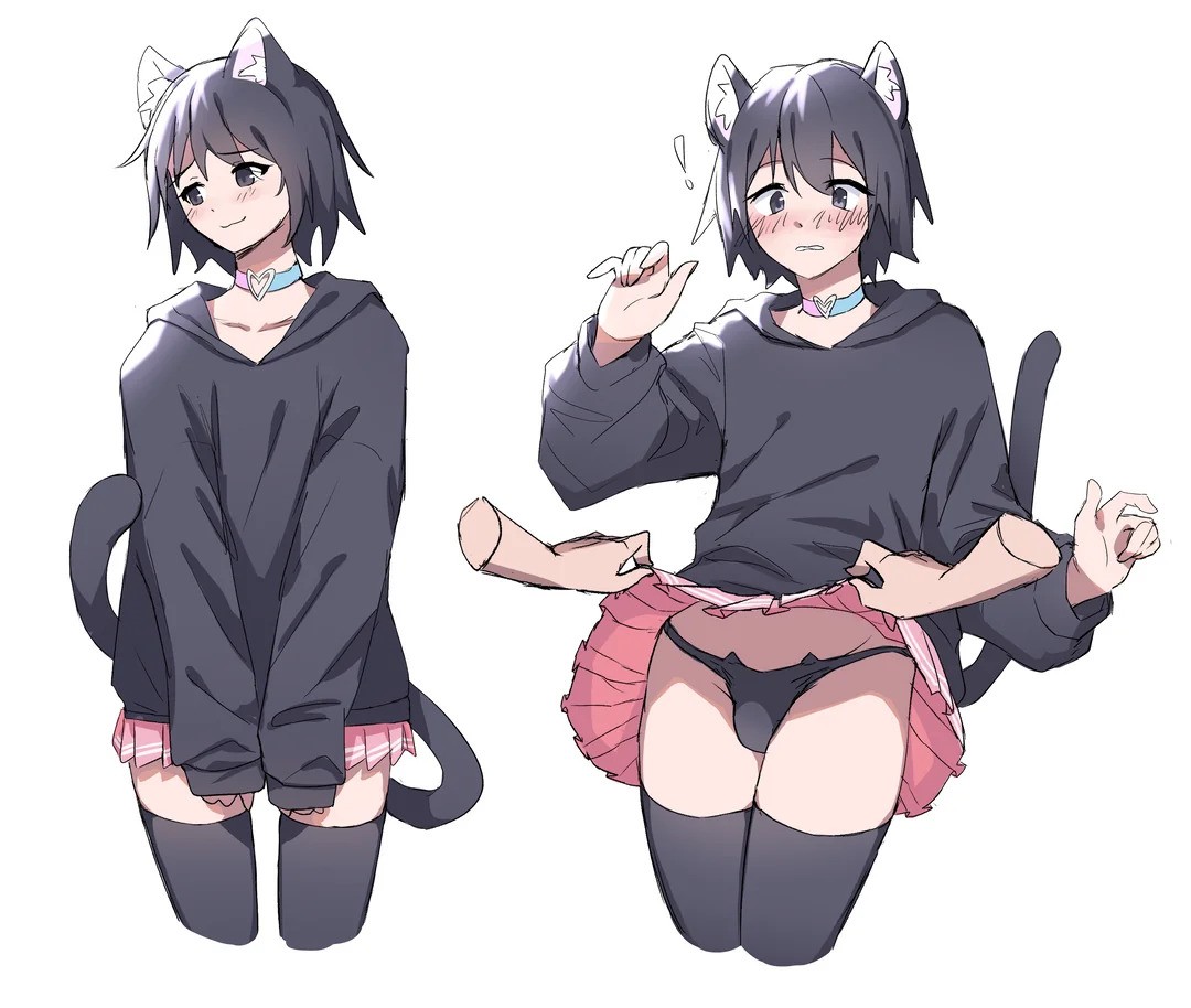 1boy, 2023, black hair, blush, cat boy, cat ears, cat tail, catboy, collar, crossdressing, disembodied hands, female, femboy, femboy focus, hoodie, male, male focus, original, original character, panties, skirt, skirt lift, tail, thighhighs, tomgirl, white background, yozora1326