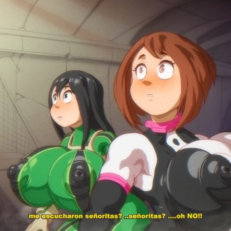 2girls angelauxes big_breasts black_eyes black_hair blush blush_lines brown_eyes brown_hair digital_media_(artwork) español hero_outfit_(mha) huge_breasts multiple_girls my_hero_academia nipple_bulge nipples nipples_visible_through_clothing ochako_uraraka spanish_text suprised teeth_visible tight_clothing tsuyu_asui wide_hips