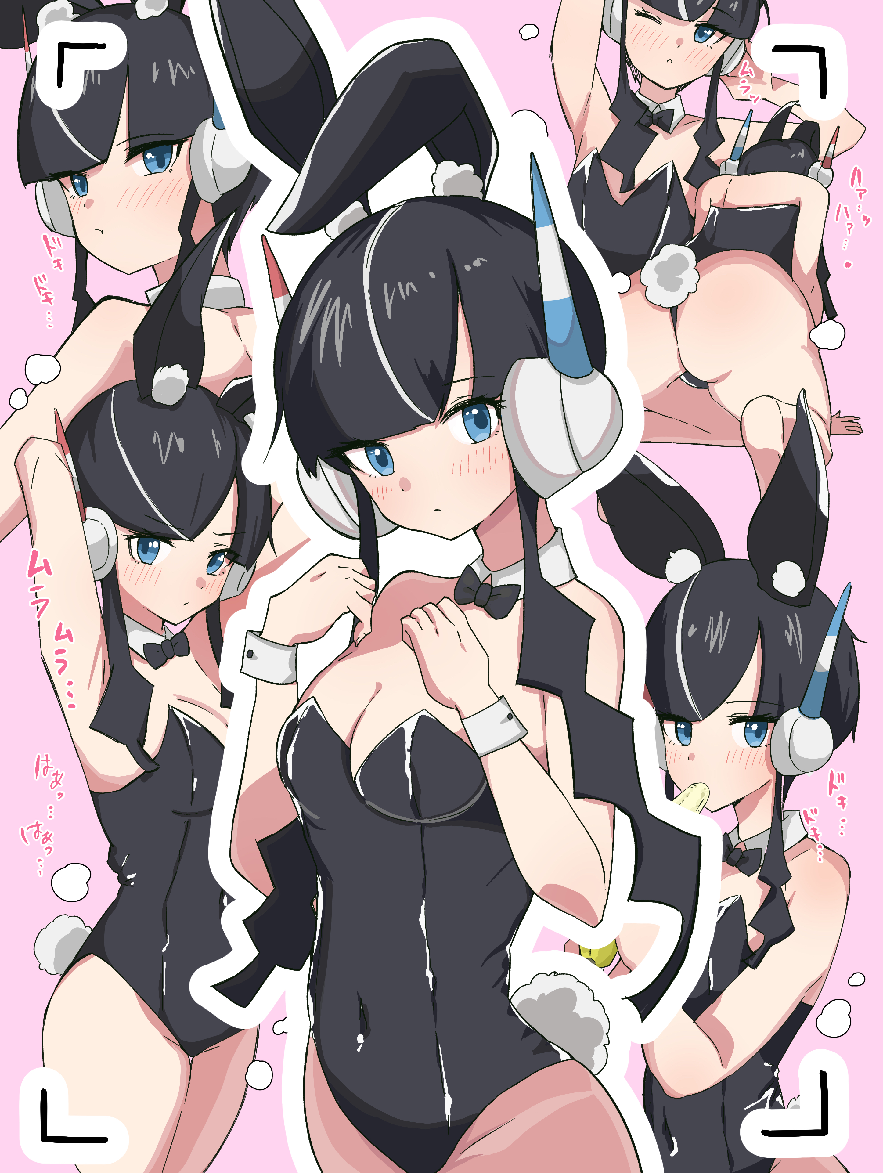 1girls, absurd res, armpits, ass, banana, black hair, blue eyes, blush, bow, bowtie, breasts, bunny ears, bunny tail, bunnysuit, choker, cleavage, commentary, covered navel, creatures (company), eating, elesa (pokemon bw2), elesa (pokemon), female, game freak, headphones, hi res, leotard, looking at viewer, medium breasts, monmon (monmon h18/monmon k18), multiple views, nintendo, one eye closed, paid reward available, pink background, pokemon, pokemon (game), pokemon bw2, recording, sample, short hair, simple background, solo, standing, suggestive food