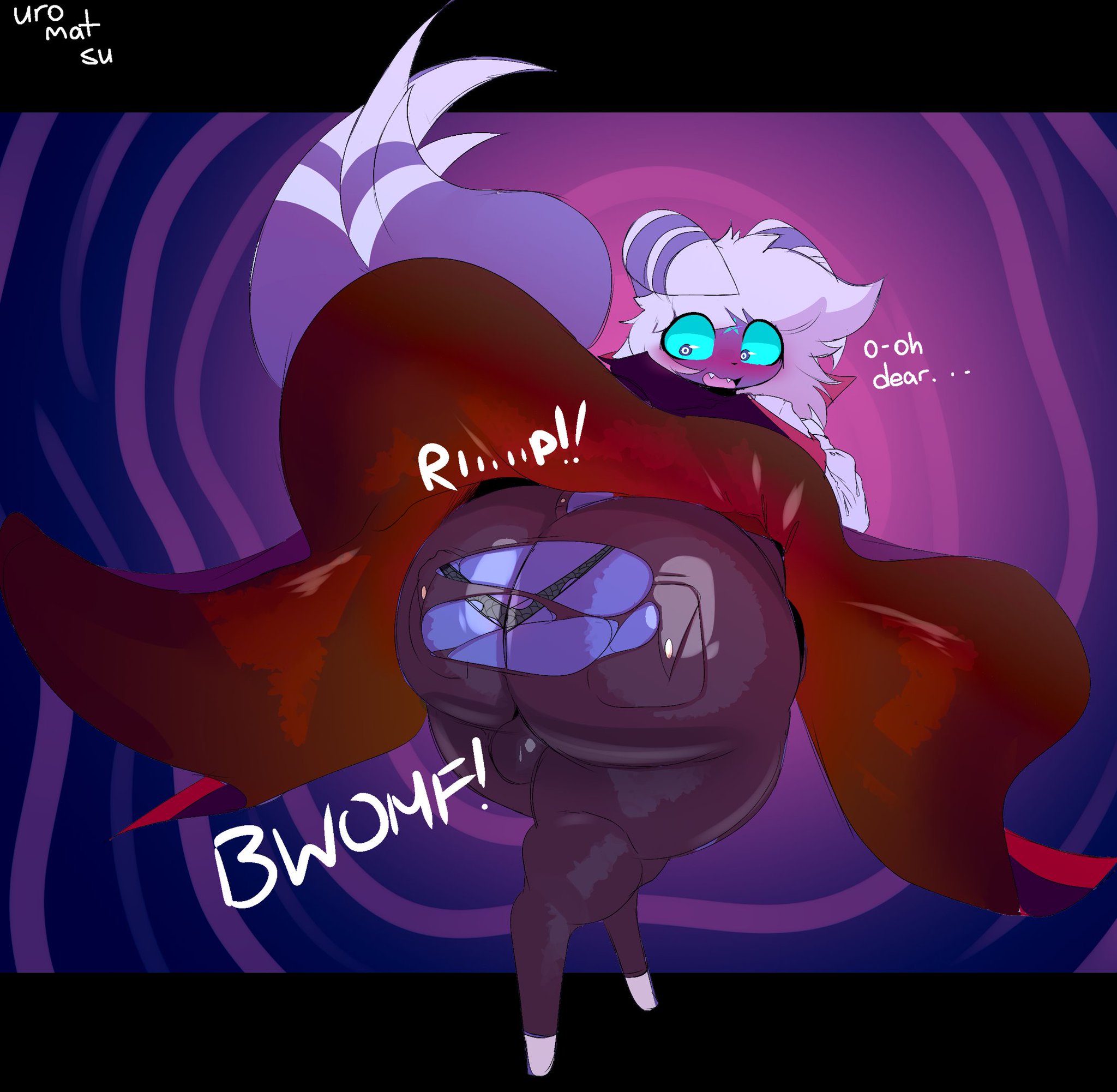 1boy, alternate version available, anthro, ass, ass bigger than head, ass focus, balls, behind view, big ass, big butt, blue eyes, bubble ass, bubble butt, femboy, furry, game freak, girly, hi res, huge ass, looking back, male, male only, meowstic, nintendo, open mouth, panties, pokemon, ripped clothing, ripped pants, shocked, shocked expression, solo, solo male, tagme, tail, thick thighs, uromatsu, wardrobe malfunction, white hair, wide eyed