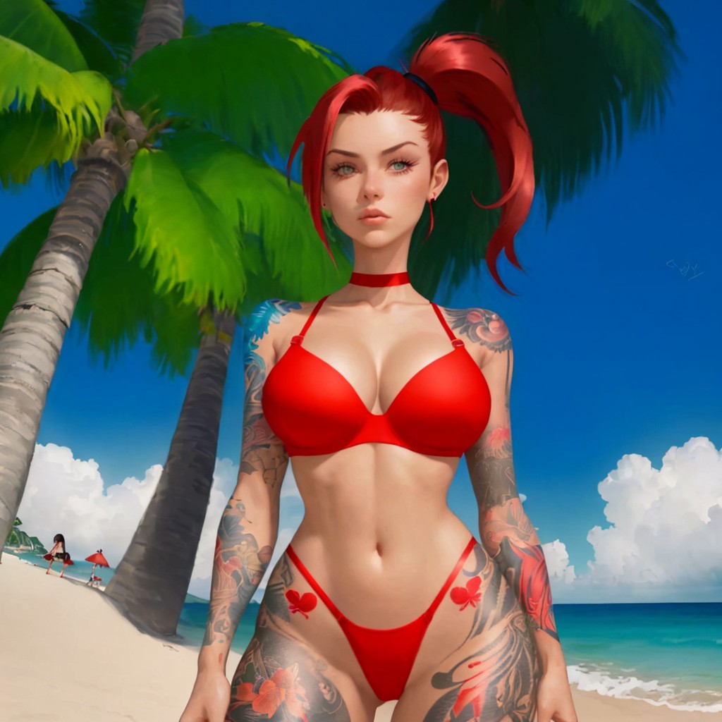 abs ai_generated artist_elprimodesanpaco beach beach_background blue_background bottom bottomless bra breasts clothed clothed_female clothing female huge_breasts looking_up original original_character palms ponytail red_bra red_eyes red_hair red_thong tattoo tattoo_on_butt tattoo_on_legs tattooed_arm tattoos thick_thighs thong toned_female tones wide_hips