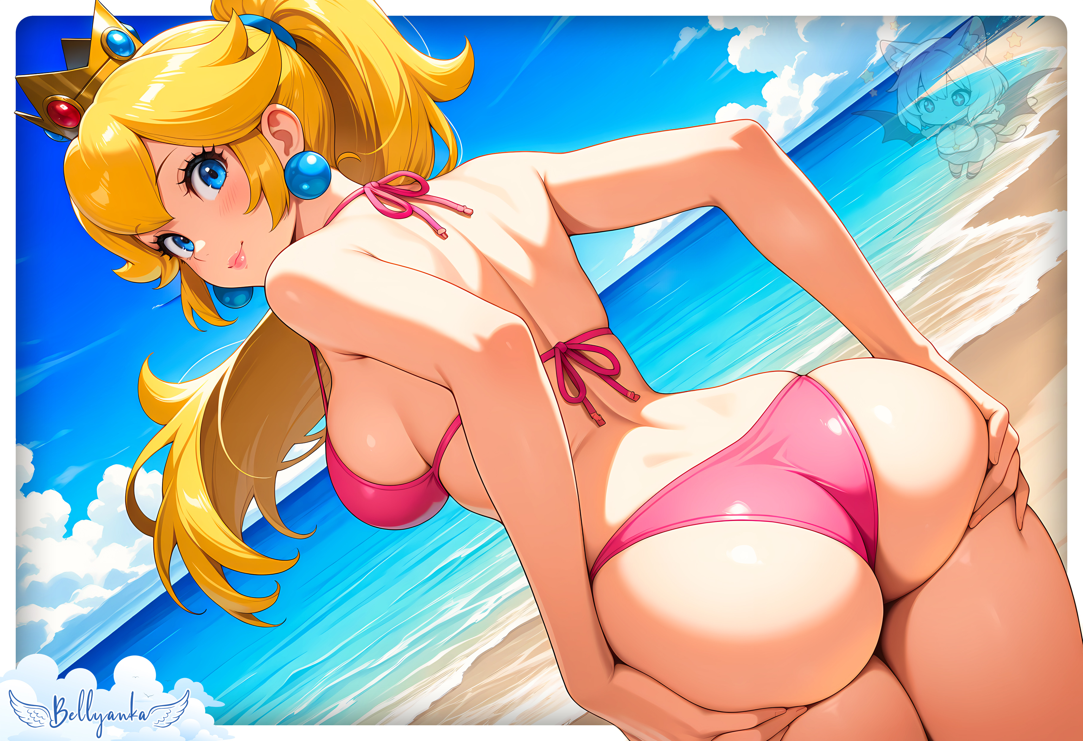 2025, ai generated, ass to viewer, beach background, bellyanka, black dot eyes, blonde female, blonde ponytail, blonde-haired female, blue earrings, blue eyes female, blush, brown eyebrows, butt to viewer, deviantart, female only, golden crown, looking back at viewer, mario (series), nintendo, pink bikini, pink lips, princess peach, sea background, showing ass, showing butt, smile at viewer, smiling at viewer, super mario bros., touching ass, touching butt, walking towards viewer
