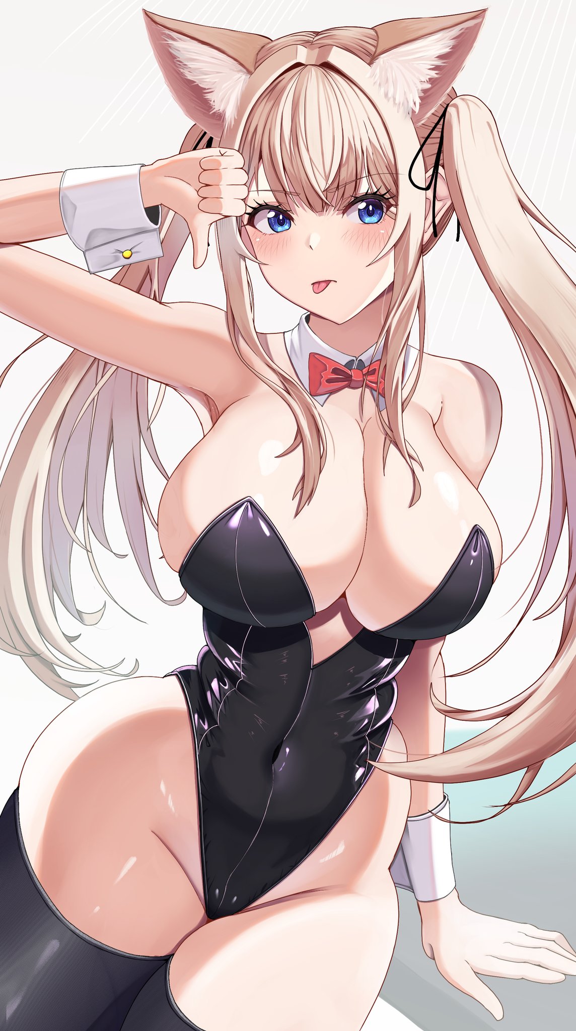 1girls 2d 4_ears bare_shoulders belly belly_button belly_button_visible_through_clothing big_breasts blush breasts bunnysuit detached_collar detached_sleeves female fox_ears hips hossy huge_breasts large_breasts long_hair oc original_character slave_handles solo source standing sticking_out_tongue thick_thighs thighhighs thighs thumbs_down tied_hair tongue tongue_out twintails white_background wide_hips