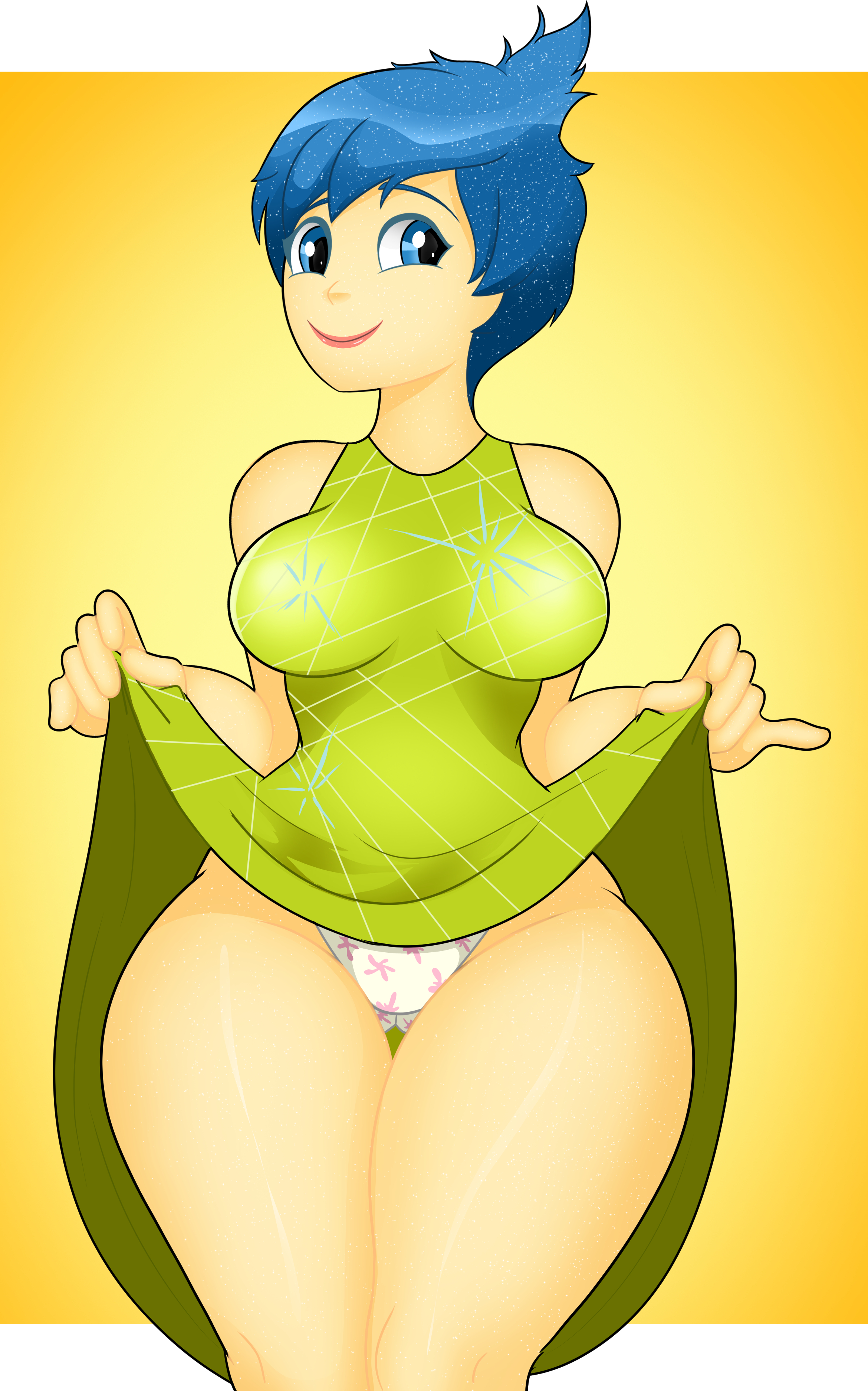 1girls, 2024, blue eyes, blue hair, breasts, disney, dress, dress lift, female, female only, hi res, high resolution, highres, inside out, inside out 2, joy (inside out), panties, pixar, short hair, short-haired female, solo, solo female, solo focus, sonson-sensei, tagme, underwear, yellow body, yellow skin