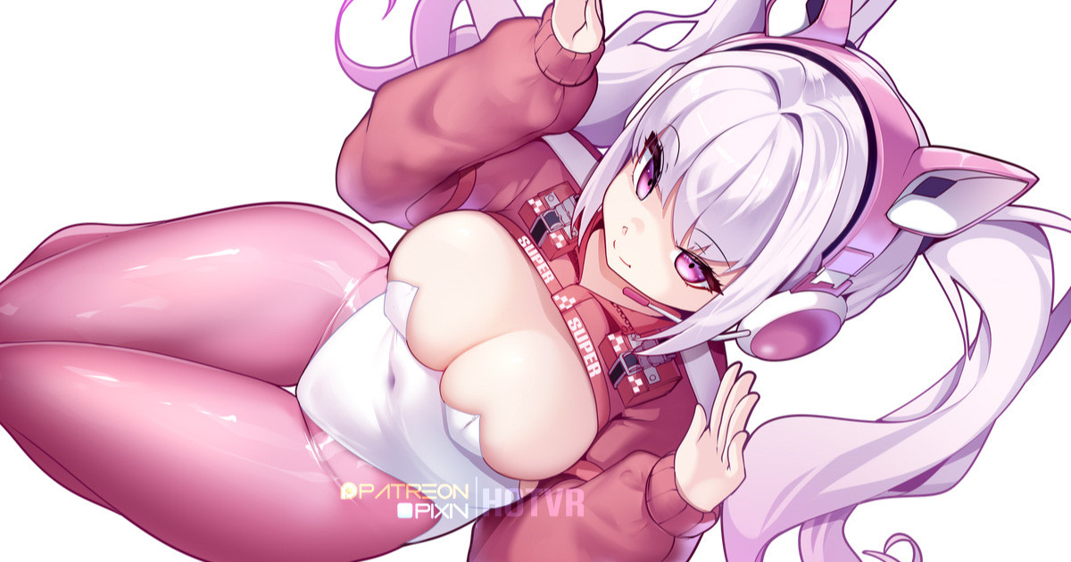 1girls, adapted costume, alice (nikke), bodysuit, breasts, bunny ears, bunnysuit, cleavage, female, female only, from above, fully clothed, goddess of victory: nikke, hotvr, large breasts, leotard, light skin, light-skinned female, long hair, looking at viewer, lying, naughty face, on floor, pantyhose, pink eyes, sitting, thick thighs, thigh gap, twintails, white background, white hair, wide hips