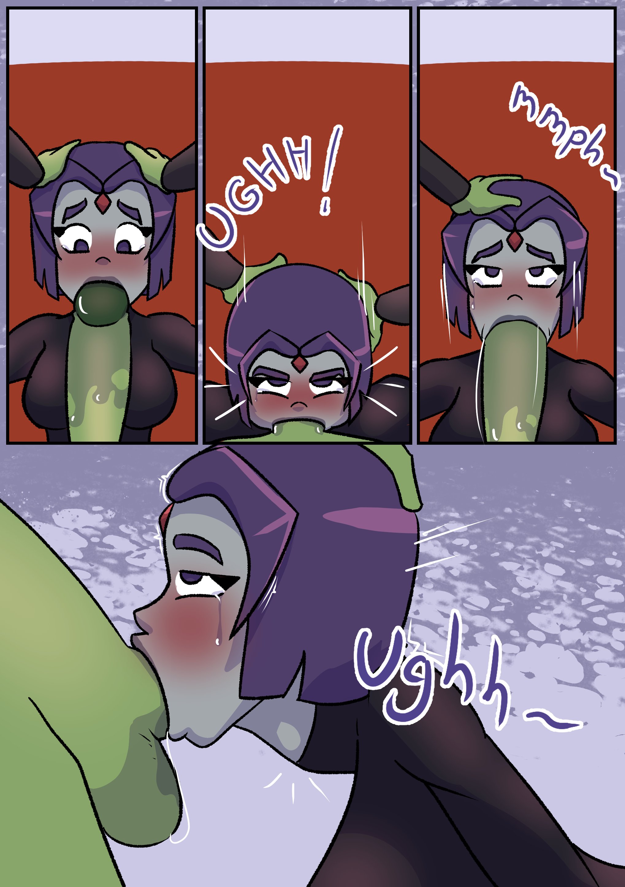1boy, 1girls, ass, beast boy, big breasts, big penis, blush, breasts, comic, comic page, dc, dc comics, evil raccoon, female, garfield logan, green body, green skin, grey body, grey skin, hard sex, leotard, male, masturbation, monster boy, oral, oral penetration, oral sex, penis, purple eyes, purple hair, rachel roth, raven (dc), teen titans, text, thick ass