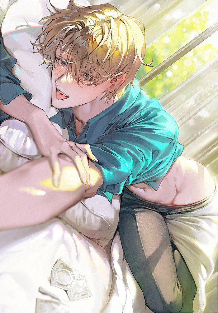 blonde_hair blush condom condom_wrapper dutch_angle fully_clothed hair_over_one_eye looking_at_viewer male male_only masculine messy_hair nori31291404 on_bed on_stomach one_piece open_mouth pants_down pillow_hug pre-timeskip sleeves_rolled_up smile solo to tongue_out twink vinsmoke_sanji window