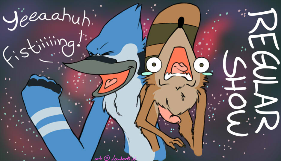 anal anal_fisting anal_sex anthro blue_jay bro_fist dialogue erection fisting from_behind furry gay humor male mordecai open_mouth penetration penis punch raccoon raised_tail regular_show rigby tear what