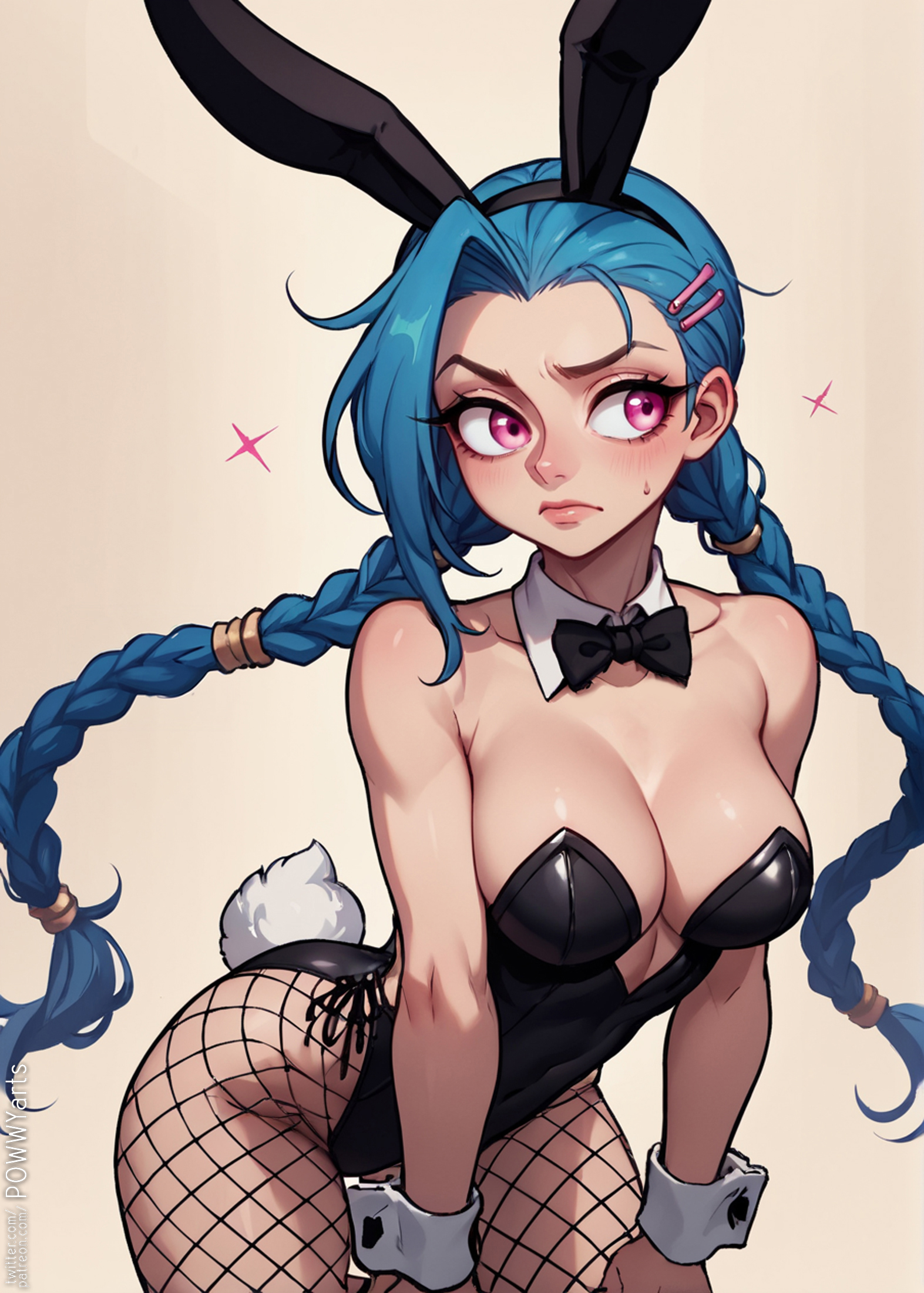 1girls, ai generated, blue hair, bunny ears, bunnysuit, female, female only, fishnets, jinx (league of legends), league of legends, pink eyes, playboy bunny, powwyarts, solo