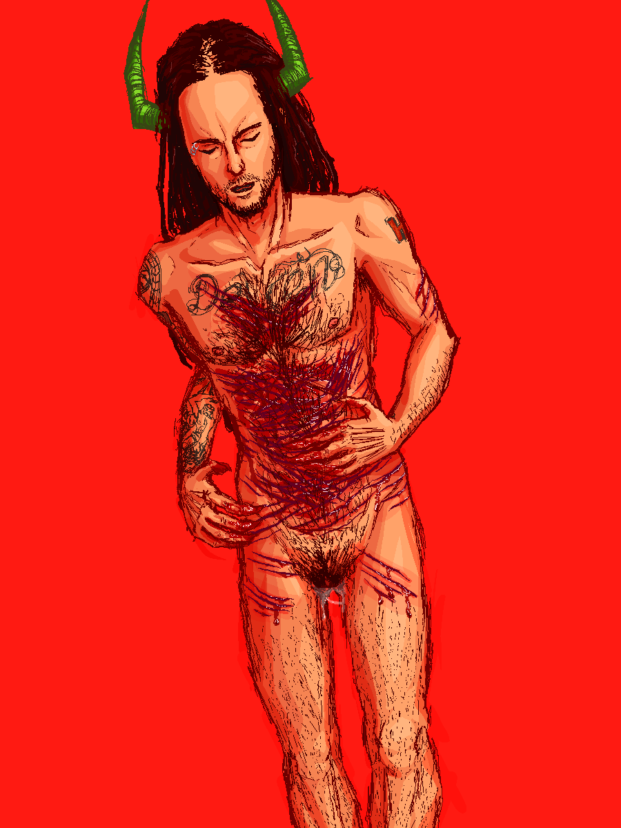 andromorph blood claws cuntboy dreadlocks genital_fluids gore hairy horns intersex jdevil jonathan_davis korn long_hair masochism pierced_eyebrow pussy_juice real_person self_harm sketch tattoo tattoo_on_chest tattooed_arm wounds