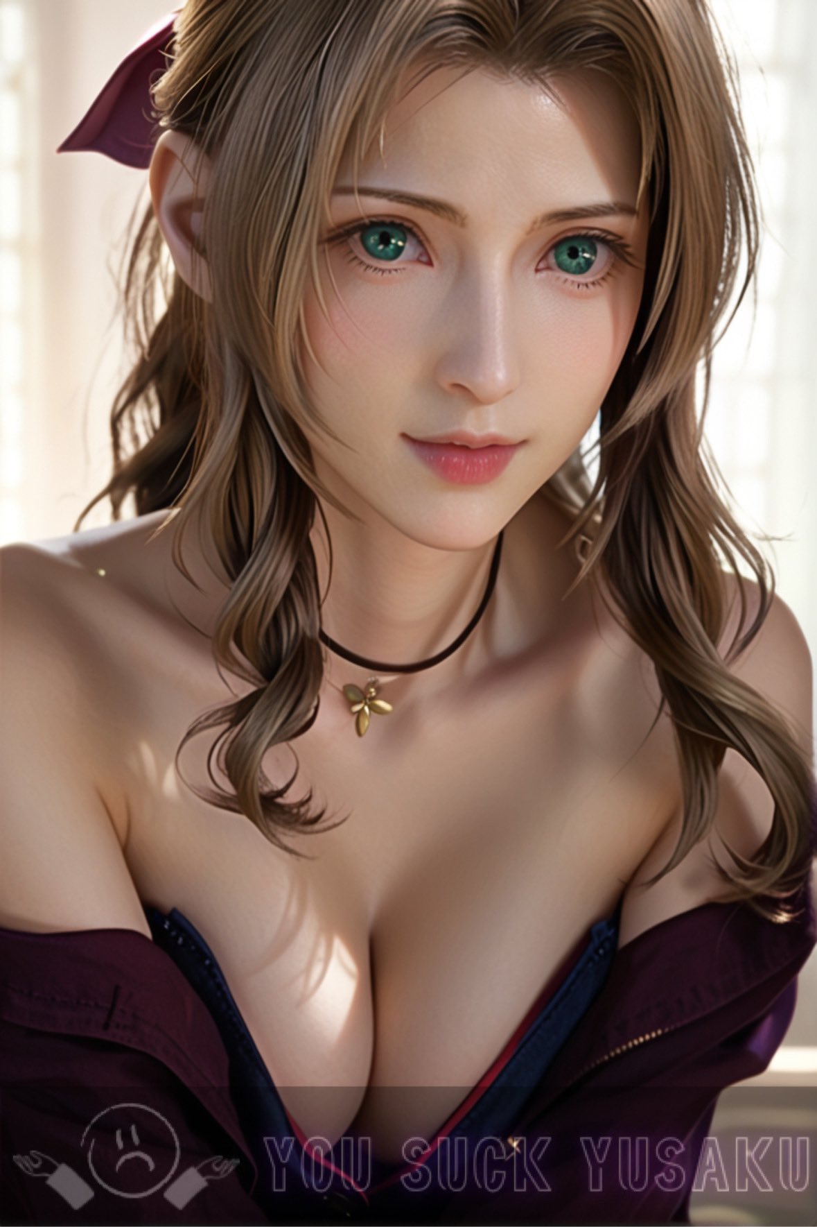 aerith_gainsborough ai_generated brown_hair cleavage female final_fantasy final_fantasy_vii final_fantasy_vii_rebirth final_fantasy_vii_remake green_eyes hourglass_figure light-skinned_female