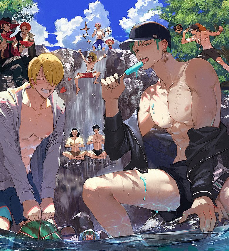 11boys bishonen blonde_hair buggy_the_clown detailed_background dracule_mihawk duo_focus grin hair_over_one_eye hoodie koby_(one_piece) looking_at_viewer male male_only monkey_d_luffy multiple_girls muscular muscular_male nori31291404 off_shoulder one-piece_swimsuit one_piece outdoors partially_submerged popsicle portgas_d_ace pre-timeskip roronoa_zoro scar shanks sitting smile sweatshirt swimming swimwear tony_tony_chopper trafalgar_law usopp vinsmoke_sanji water waterfall watermelon