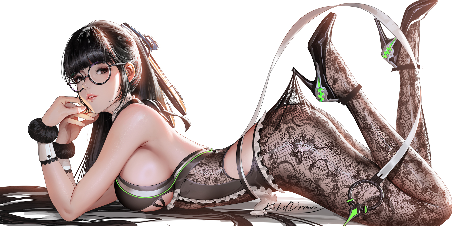 ass, black hair, black shoes, blunt bangs, breasts, brown eyes, eve (stellar blade), female, floral print pantyhose, from side, glasses, high heels, highres, hooked on heel, lace pantyhose, lace pantyhose hooked on heel (meme), large breasts, liang xing, long hair, looking at viewer, lying, meme, on stomach, pantyhose, pantyhose tug, ponytail, robot girl, robot humanoid, round eyewear, shift up, shoes, sideboob, simple background, solo, sony interactive entertainment, stellar blade, strappy heels, the pose, very long hair