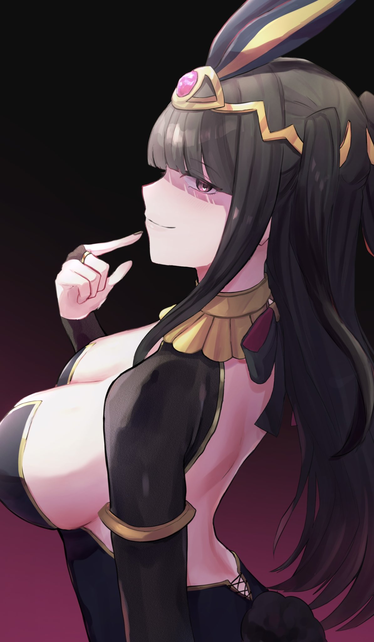 1girls, alternate costume, animal ears, backless outfit, bangs, big breasts, black hair, black leotard, breasts, breasts day, bridal gauntlets, bunny ears, bunnysuit, cleavage, closed mouth, fake animal ears, fake tail, female, female only, fire emblem, fire emblem awakening, from side, good breasts day, highres, index finger raised, jewelry, large breasts, leon0630claude, leotard, long hair, looking at viewer, nintendo, rabbit ears, rabbit tail, smile, solo, strapless, strapless leotard, tail, tharja (fire emblem), twintails, two side up