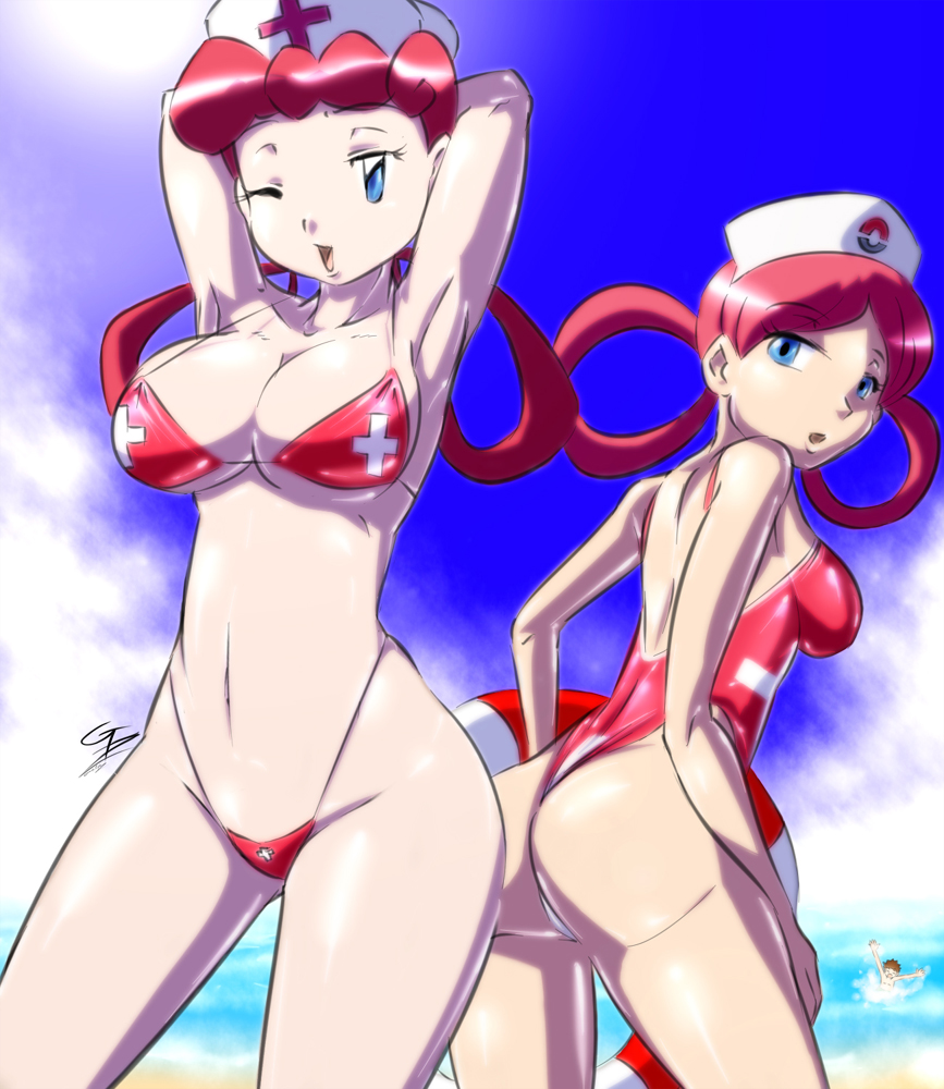 2girls ass beach big_ass big_breasts bikini blue_eyes breasts brock_(pokemon) female female_focus gblastman human lifeguard multiple_girls nurse_joy one_eye_closed open_mouth pokemon red_hair swimsuit water when_you_see_it