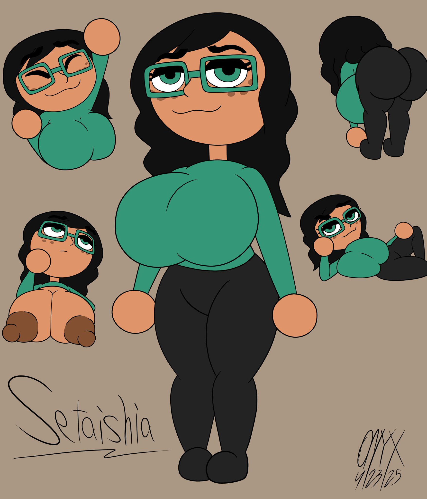 :3, 1girls, ass, back view, background, bending over, big ass, big breasts, big butt, big nipples, big thighs, black hair, black legwear, breasts, breasts out, character name, cleavage, clothed, clothing, color, colored, commission, cute, dark skin, dark-skinned female, doodle, draw me like one of your french girls, eyebrows, eyelashes, female, female focus, female only, freckles, freckles on face, front view, glasses, green clothing, green eyes, green glasses, green shirt, hair, half-closed eyes, happy, happy female, higher resolution duplicate, laying down, laying on side, long hair, looking at viewer, mii, multiple poses, multiple views, narrowed eyes, nintendo, nipples, nipples outside, nose, onyx twilight, original character, pants, pose, presenting breasts, raised arm, raised eyebrow, raised eyebrows, raised shirt, setaishia (onyx twilight), shirt lift, showing breasts, silly, simple background, smile, smug, smug face, standing, thick thighs, thighs, tight clothing