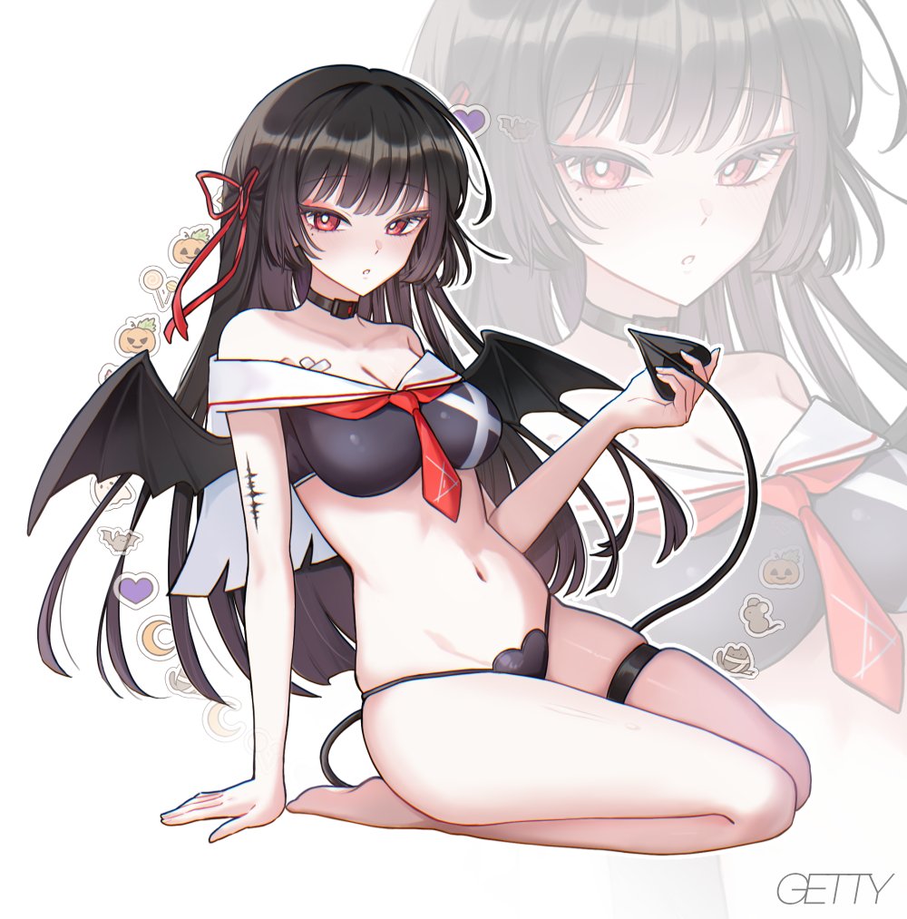 1girls, bikini, black bikini, black hair, chisa (wuthering waves), female, long hair, red eyes, succubus tail, succubus wings, wuthering waves