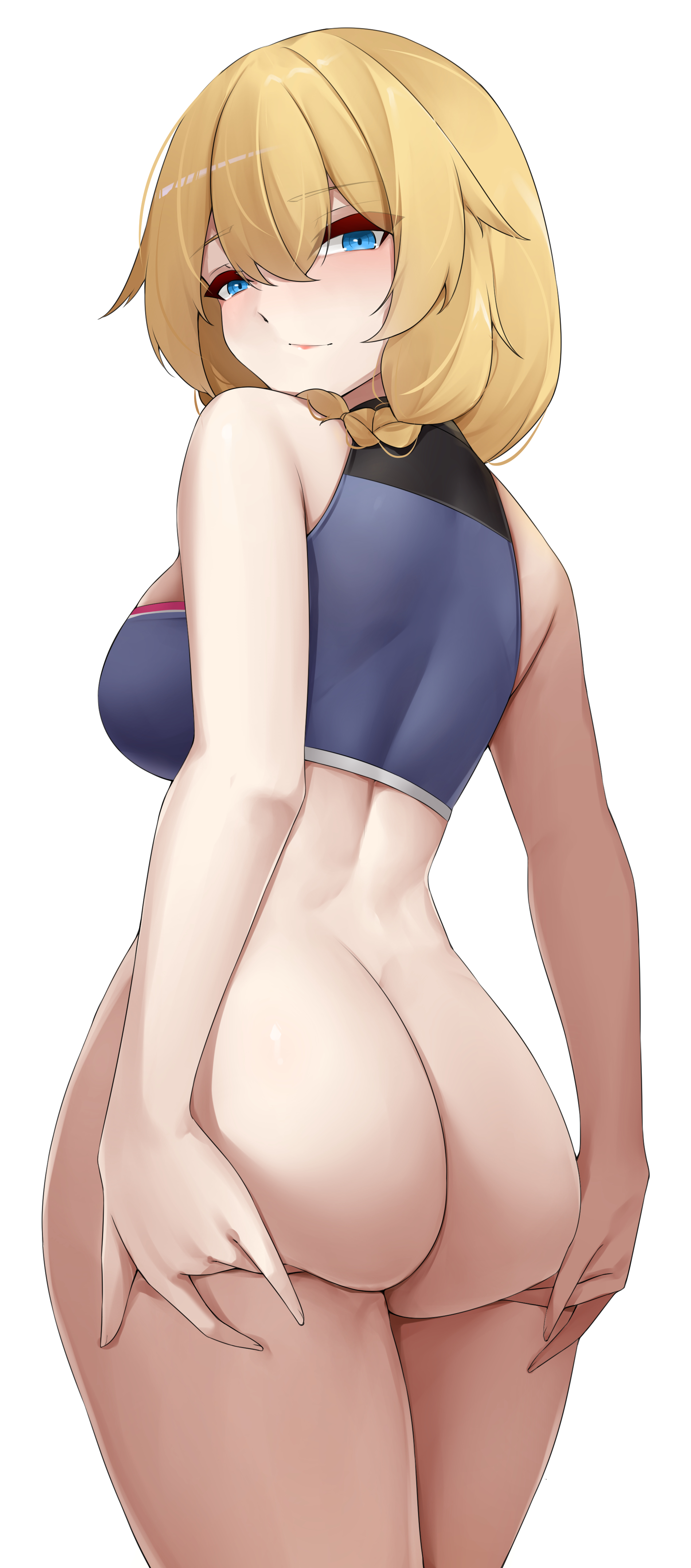absurdres, ass, back, black sports bra, blonde hair, blue eyes, bottomless, casperrin, closed mouth, female, from behind, girls' frontline, girls' frontline 2: exilium, grabbing own ass, hair between eyes, highres, midriff, mosin-nagant (girls' frontline 2), mosin-nagant (girls' frontline), simple background, solo, sports bra, standing, thighs, variant set, white background
