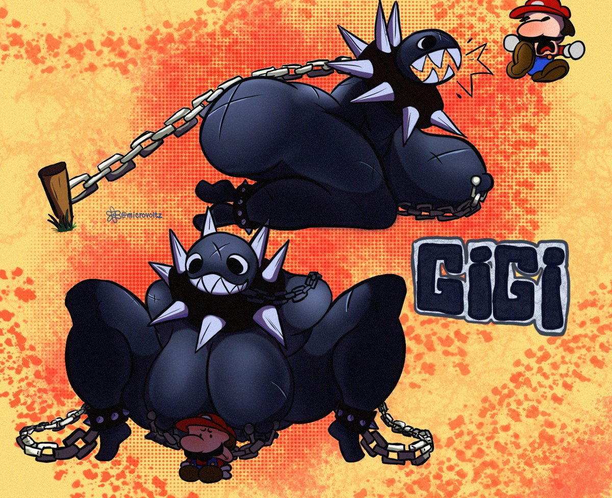 anthro, ass, barking, big breasts, big butt, bite, breasts, chain chomp, chains, collar, female, gigi (thecoatl034), hi res, huge breasts, huge butt, leash, leashed collar, mario, mario (series), mario bros, microvoltz, nintendo, scar, sharp teeth, spiked collar, spikes, teeth