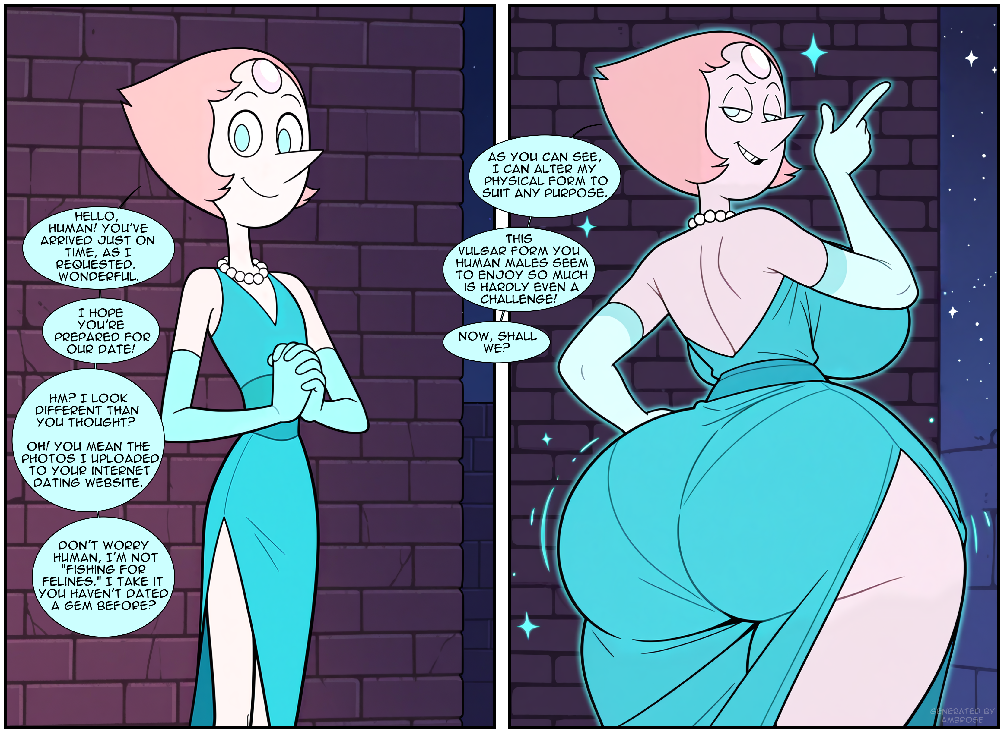1girls, accurate art style, ai generated, ambrose, ass, ass expansion, big ass, big breasts, blue eyes, breast expansion, breasts, brick wall, clothing, cocktail dress, comic, date, dress, elbow gloves, female, flat chest, gem (species), gem on forehead, gloves, hourglass expansion, huge ass, huge breasts, looking back, magic, night, outdoors, pale skin, peach hair, pearl (steven universe), pearl necklace, pointy nose, self upload, skinny, speech bubble, stable diffusion, steven universe, thick thighs, wide hips