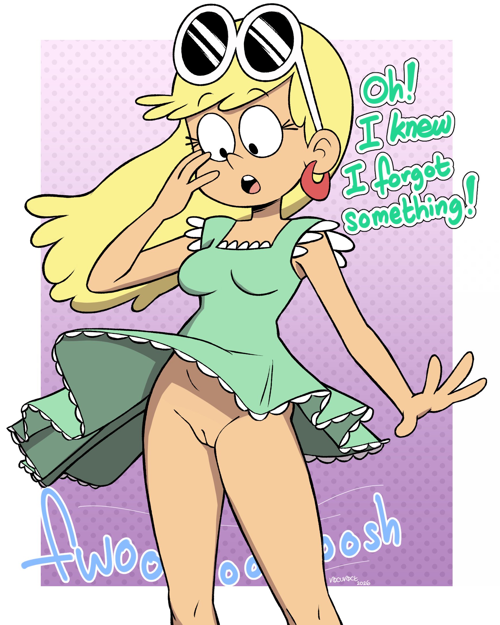 1girls, 2026, artist name, black eyes, blonde hair, border, breasts, dress, earrings, english text, eyebrows visible through hair, female, female only, human, leni loud, light skin, light-skinned female, long hair, medium breasts, nickelodeon, no panties, nocunoct, outside border, pattern background, pussy, solo, sunglasses, sunglasses on head, text, the loud house, thighs, upskirt, white border, wind