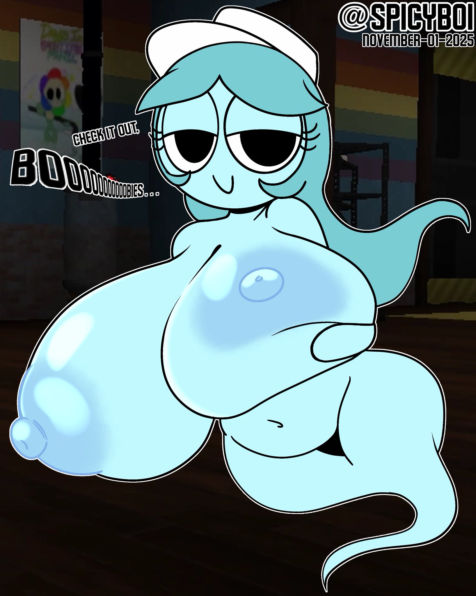 1girls, areolae, belly, big breasts, blue hair, blue nipples, breasts, completely nude, completely nude female, connie (dandy's world), dandy's world, dated, english text, female, female only, full body, ghost, ghost girl, ghost tail, gonna, hat, huge breasts, long hair, massive areolae, naked, naked female, nipples, nude, nude female, roblox, smile, solo, solo female, spicyboi, text, watermark