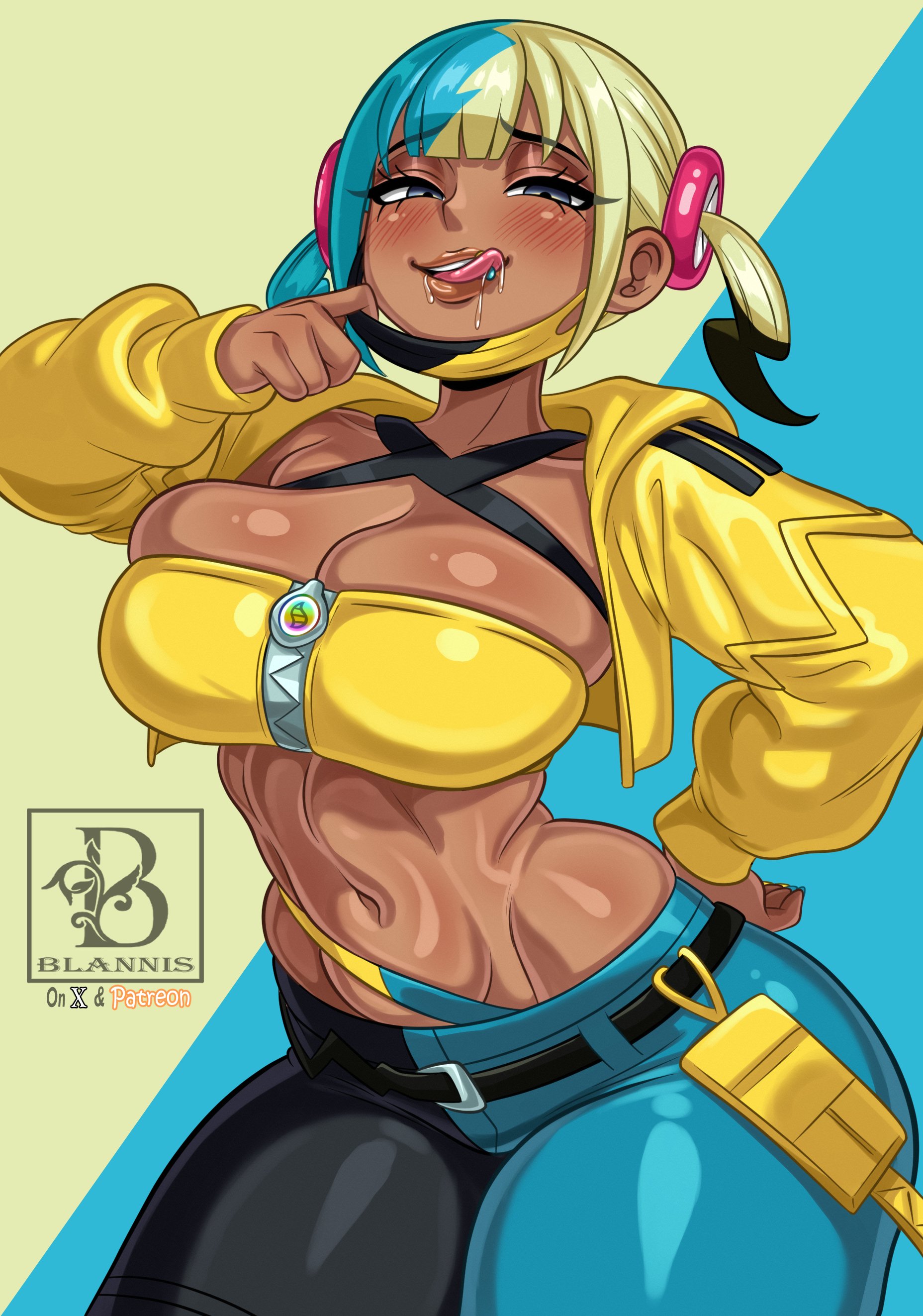 1girls, athletic, athletic female, blannis art, blue nails, breasts, canari (pokemon), canary (pokemon), face mask, facemask, female, female focus, female only, gyaru, kusogaki, large breasts, looking at viewer, mask, mask pull, midriff, multicolored clothing, multicolored mask, multicolored pants, nail polish, nintendo, pants, pokemon, pokemon legends: z-a, solo, streamer, streetwear, thick thighs, thighs, two-tone clothing, two-tone mask, two-tone pants, wide hips, yellow nails