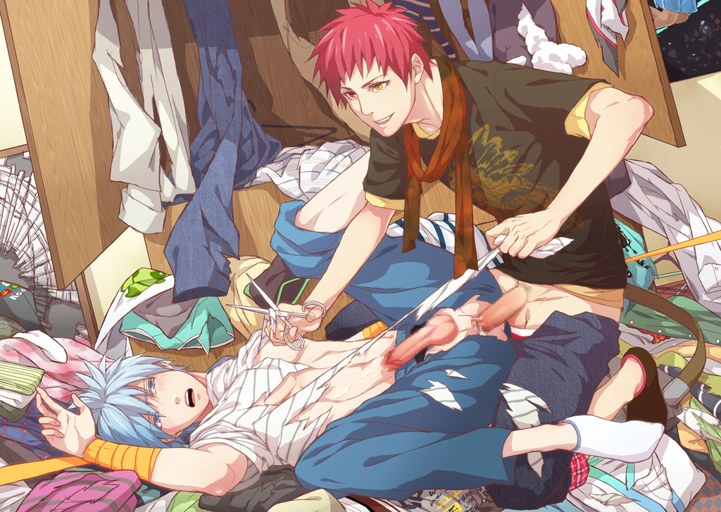 2boys akashi_seijuurou anal anus blue_eyes blue_hair bondage bound_wrists gay heterochromia kuroko_no_basuke kuroko_tetsuya male male_only malesub multiple_boys penis rape red_eyes red_hair scissors sex spread_legs striped_shirt torn_clothes yaoi yellow_eyes