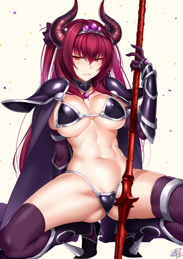 1girls abs angry arm_behind_back arm_support armlet armor armored_boots ass_visible_through_thighs bangs bikini_armor black_armor blush bodysuit boots breasts cape confetti cosplay costume crotch elbow_gloves elizabeth_bathory_(brave) elizabeth_bathory_(brave)_(cosplay) elizabeth_bathory_(fate) embarrassed fate/grand_order fate_(series) female female_only gae_bolg gem gloves gorget greaves hair_ribbon highres horns large_breasts long_hair navel okitakung pauldrons polearm purple_gloves purple_hair purple_legwear purple_ribbon red_eyes revealing_clothes ribbon scathach_(fate) simple_background skin_tight solo spear spread_legs squatting sweatdrop thighs tiara tied_hair twintails vambraces weapon white_background