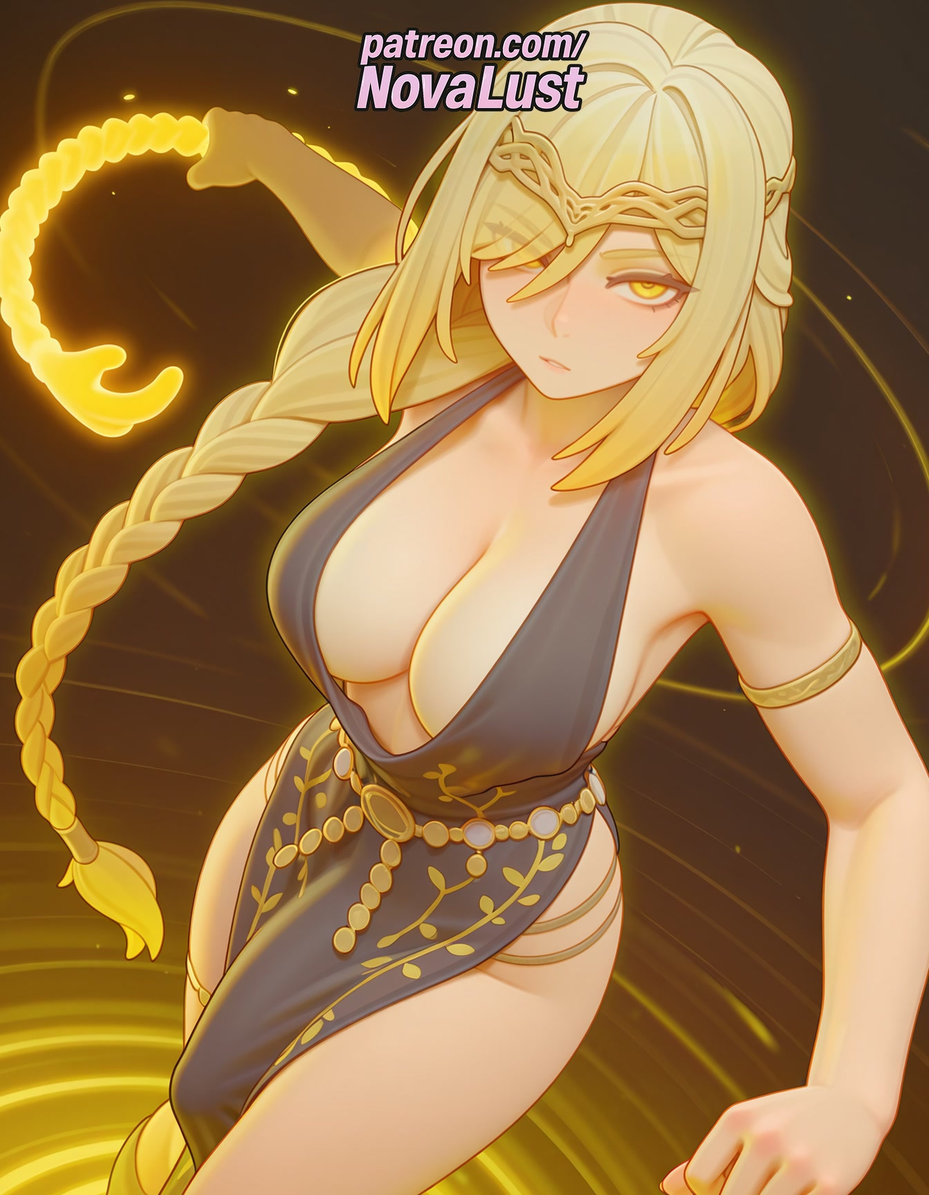 1futa, 2025, ai generated, artist name, bare shoulders, big breasts, big chest, blonde hair, braid, breasts, bust, busty, chest, cleavage, dress, elden ring, futanari, hi res, high quality, high resolution, highres, intersex, large breasts, long hair, novalust, patreon, patreon username, queen marika the eternal, solo, stable diffusion, watermark, yellow eyes