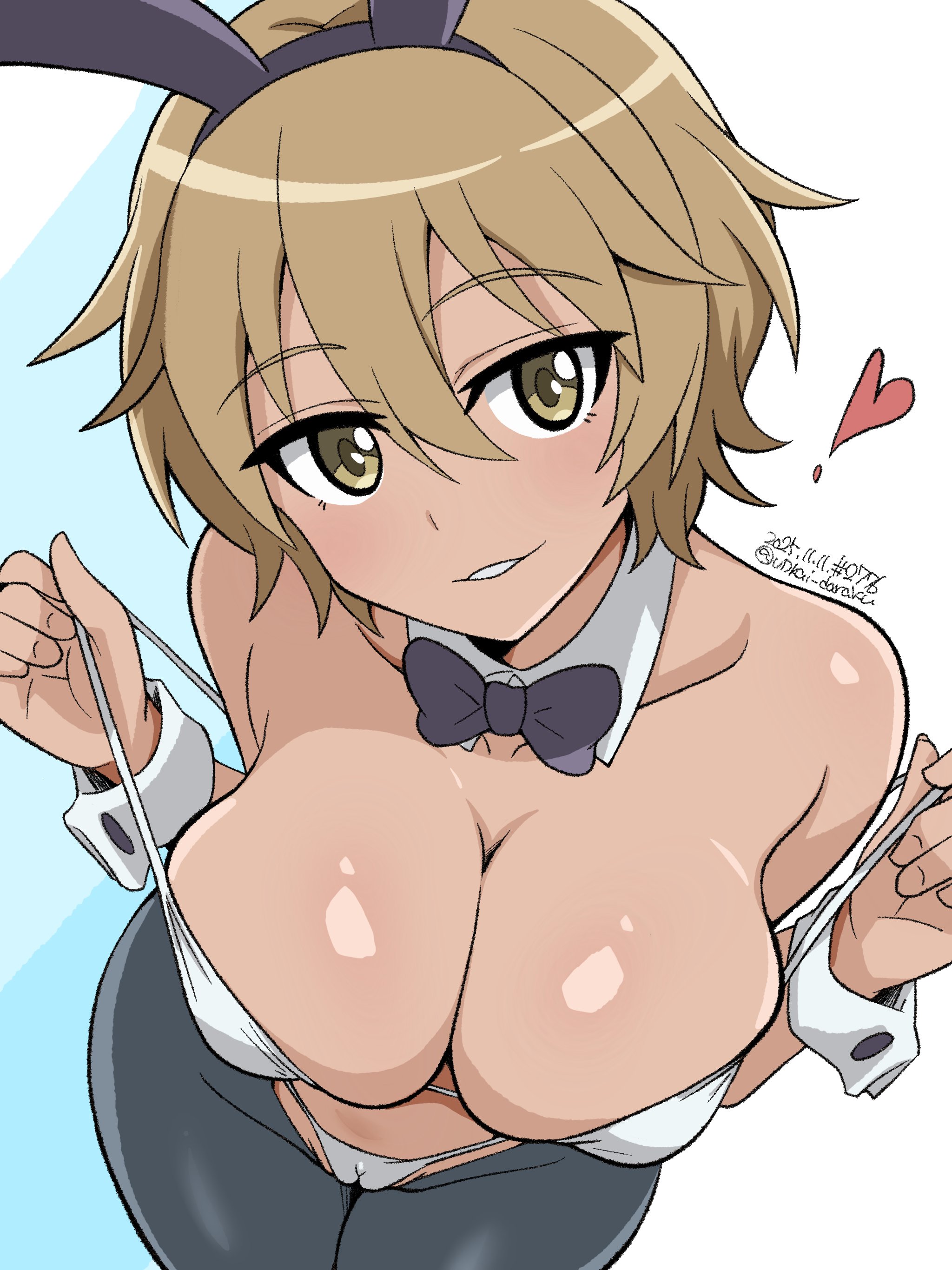 1girls, anime, anime style, bikini, blonde hair, brave witches, breasts, bunny ears, bunnysuit, dark-skinned female, exhibitionism, exhibitionist, female, huge breasts, large breasts, micro bikini, short hair, strike witches, unkai daraku, waltrud krupinski, world witches series