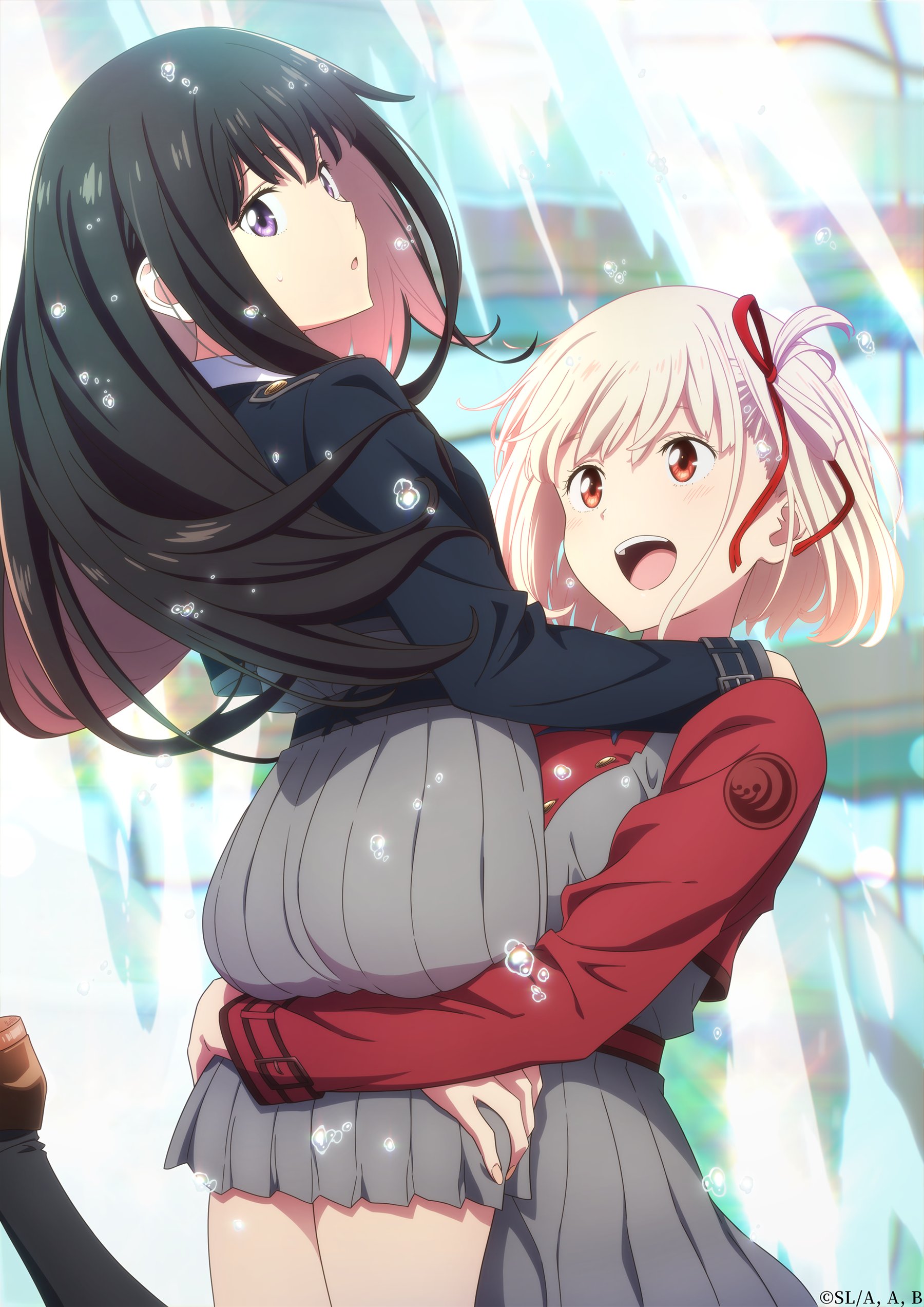 2girls, ass, ass press, black hair, blonde hair, blue dress, blue eyes, breasts, butt crack, carrying, carrying person, chisato carrying takina (lycoris recoil), dress, female, female only, fountain, grey dress, hair ribbon, highres, huge ass, implied yuri, inoue takina, large breasts, lesbian focus, lifting person, long hair, long sleeves, looking at another, looking at viewer, lycoris recoil, lycoris uniform, multiple females, multiple girls, nishikigi chisato, official art, open mouth, pleated dress, red dress, red eyes, red ribbon, ribbon, school uniform, short hair, smile, teeth, thighs, two-tone dress, yuri