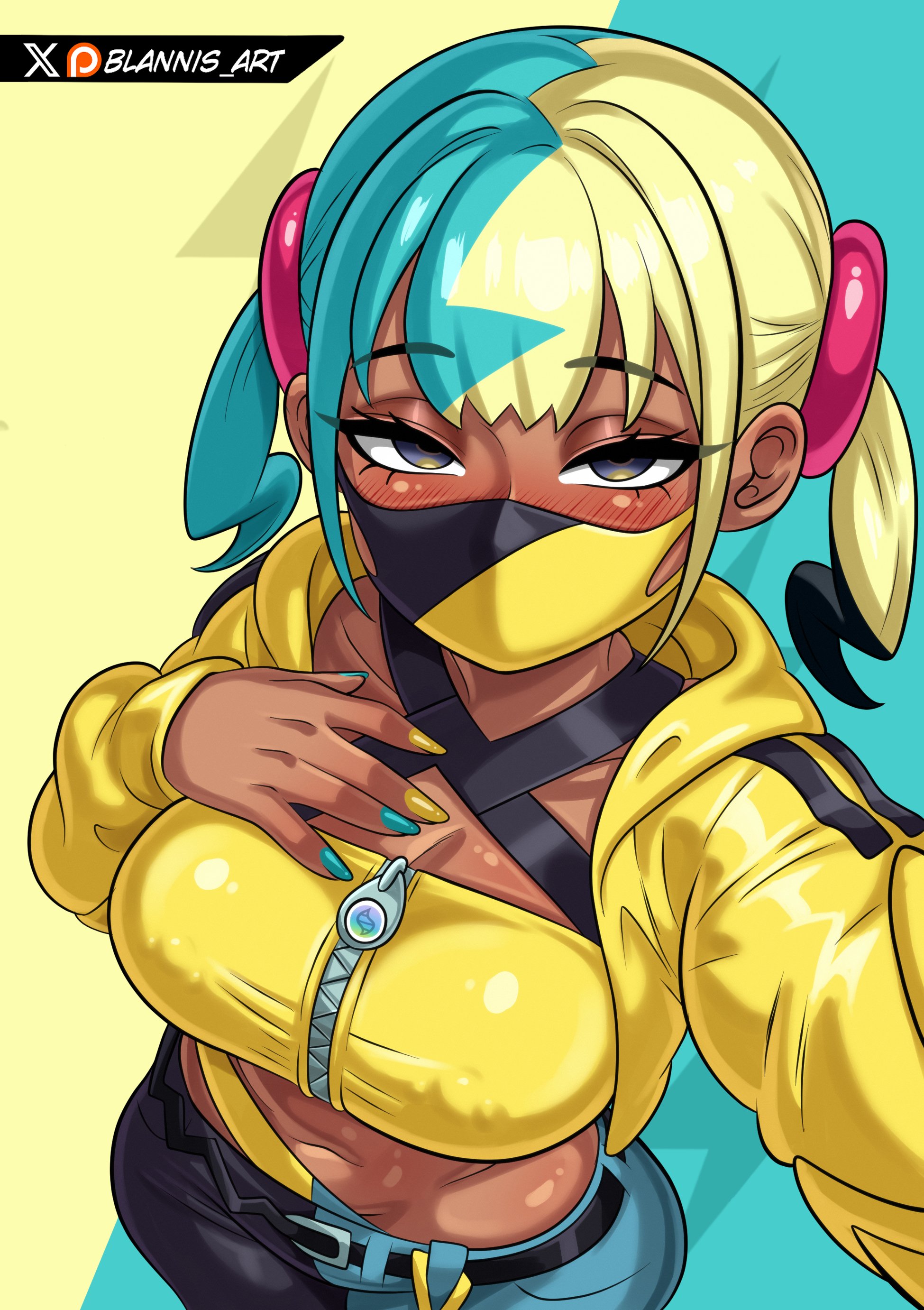 1girls, athletic, athletic female, big breasts, blannis art, blue nails, breasts, canari (pokemon), canary (pokemon), face mask, facemask, female, female focus, female only, gyaru, kusogaki, large breasts, looking at viewer, mask, midriff, multicolored clothing, multicolored mask, multicolored pants, nail polish, nintendo, pants, pokemon, pokemon legends: z-a, solo, streamer, streetwear, thick thighs, thighs, two-tone clothing, two-tone mask, two-tone pants, wide hips, yellow nails