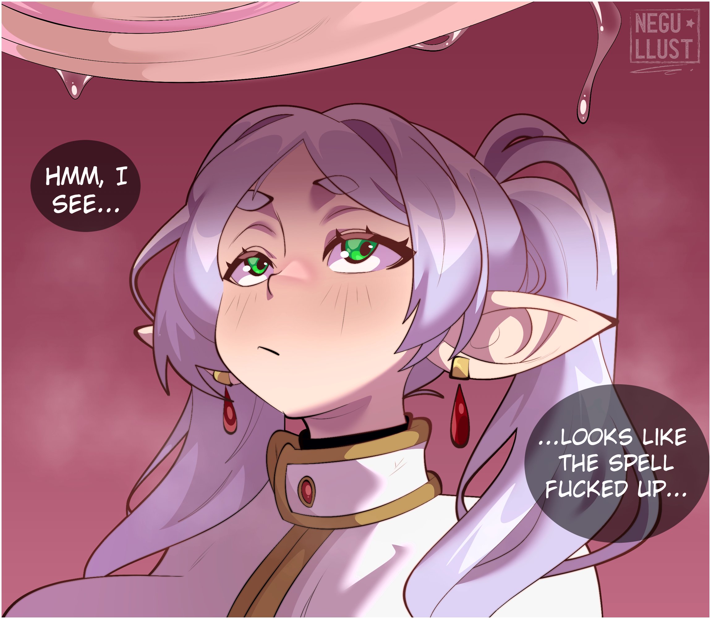 1boy, 1girls, before sex, big breasts, big penis, blush, breasts, color, cum, dialogue, elf, elf ears, elf female, elf girl, female, frieren, gigantic breasts, gigantic penis, green eyes, huge breasts, huge penis, imminent fellatio, imminent oral, imminent sex, looking at penis, male, meme, negullust, penis, precum, precum drip, precum string, sousou no frieren, spell gone wrong, text, twintails, twitter link, upward angle frieren drawing (meme), white hair