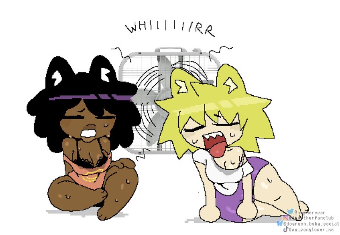 2girls, animal ears, black neco-arc, black neco-arc (dagothurfanclub), breasts, cat humanoid, closed eyes, cooling off, dagothurfanclub, dark skin, dark-skinned female, dogrush, electric fan, fan, fat ass, female, female only, lingerie, medium breasts, mocha-arc, neco spirit, neco-arc, panting, race swap, shortstack, straps off shoulders, sweat, sweat stain, sweatdrop, sweating, sweating profusely, sweaty body, sweaty breasts, thick thighs