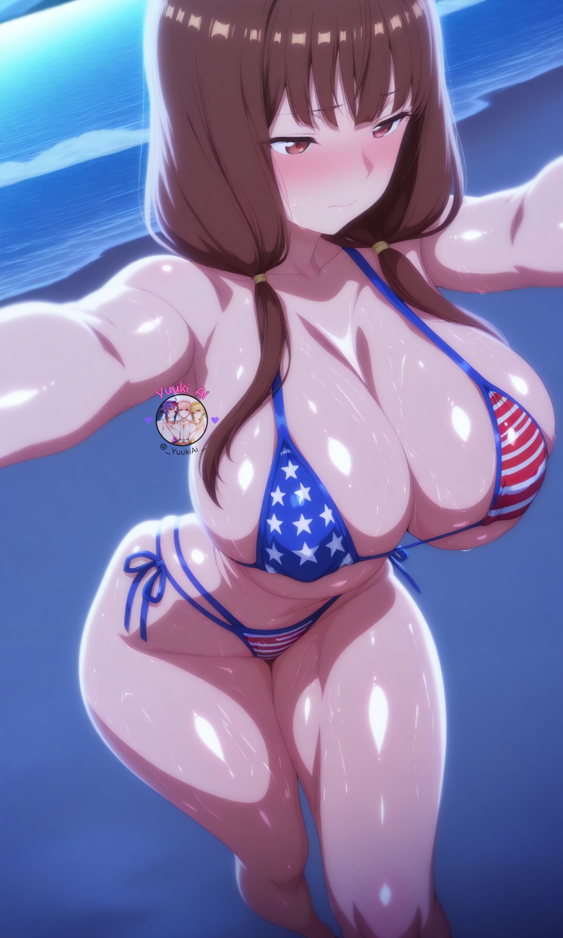 1girls, ai generated, american flag bikini, breasts, female, female only, iino miko, kaguya-sama wa kokurasetai ~tensai-tachi no renai zunousen~, large breasts, light skin, light-skinned female, looking at viewer, shiny skin, thick thighs, thighs, wet, wide hips, yuukiai