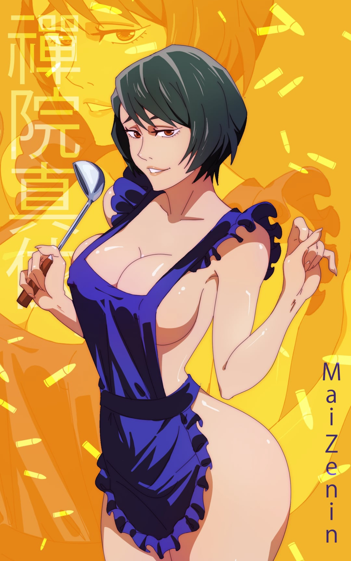 1girls, apron, apron only, ass, ass out, ass outline, barely clothed, barely contained breasts, barely covered, barely covered breasts, barely covered crotch, big breasts, big butt, breasts, breasts together, covered nipples, curvy, curvy female, curvy figure, cute, cute expression, fat ass, female, female ass, female only, green hair, half naked, half nude, huge breasts, jujutsu kaisen, looking at viewer, looking seductive, no panties, outrageouswork, pale skin, pale-skinned female, pink ass, purple apron, seductive, sexy body, sexy pose, short hair, side view, sideboob, solo, solo female, solo focus, spankable ass, standing, submissive, submissive female, tied clothing, tiny arms, tiny waist, underboob, zenin mai