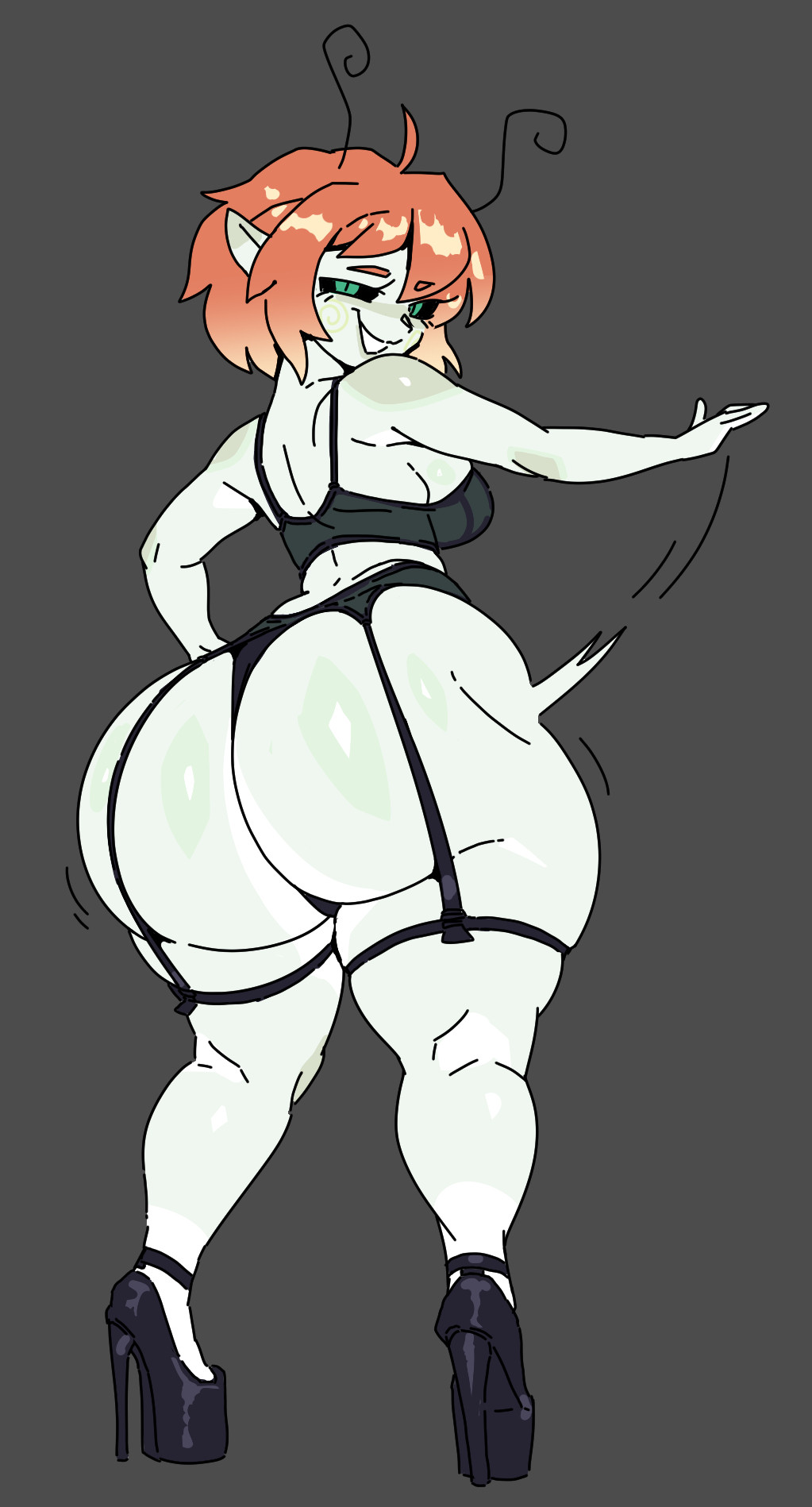 2025, antenna hair, antennae, aortauricle, ass, ass focus, ass slap, back view, big ass, big thighs, bottom heavy, breasts, color, commission, digital drawing (artwork), digital media (artwork), female, ginger, ginger hair, green eyes, grey background, heels, high heels, huge ass, lingerie, lingerie only, looking at viewer, looking back, looking back at viewer, motion lines, orange hair, original character, pale skin, pale skinned female, slapping ass, slapping butt, slapping own ass, smacking ass, smacking own ass, spanking own ass, thick thighs, thighs, wide hips