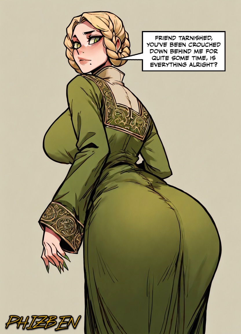 ai art, ai generated, big ass, caked up, caption, dialogue, elden ring, female, female focus, female only, huge ass, phizben, rya (elden ring), story, wide hips, word balloon