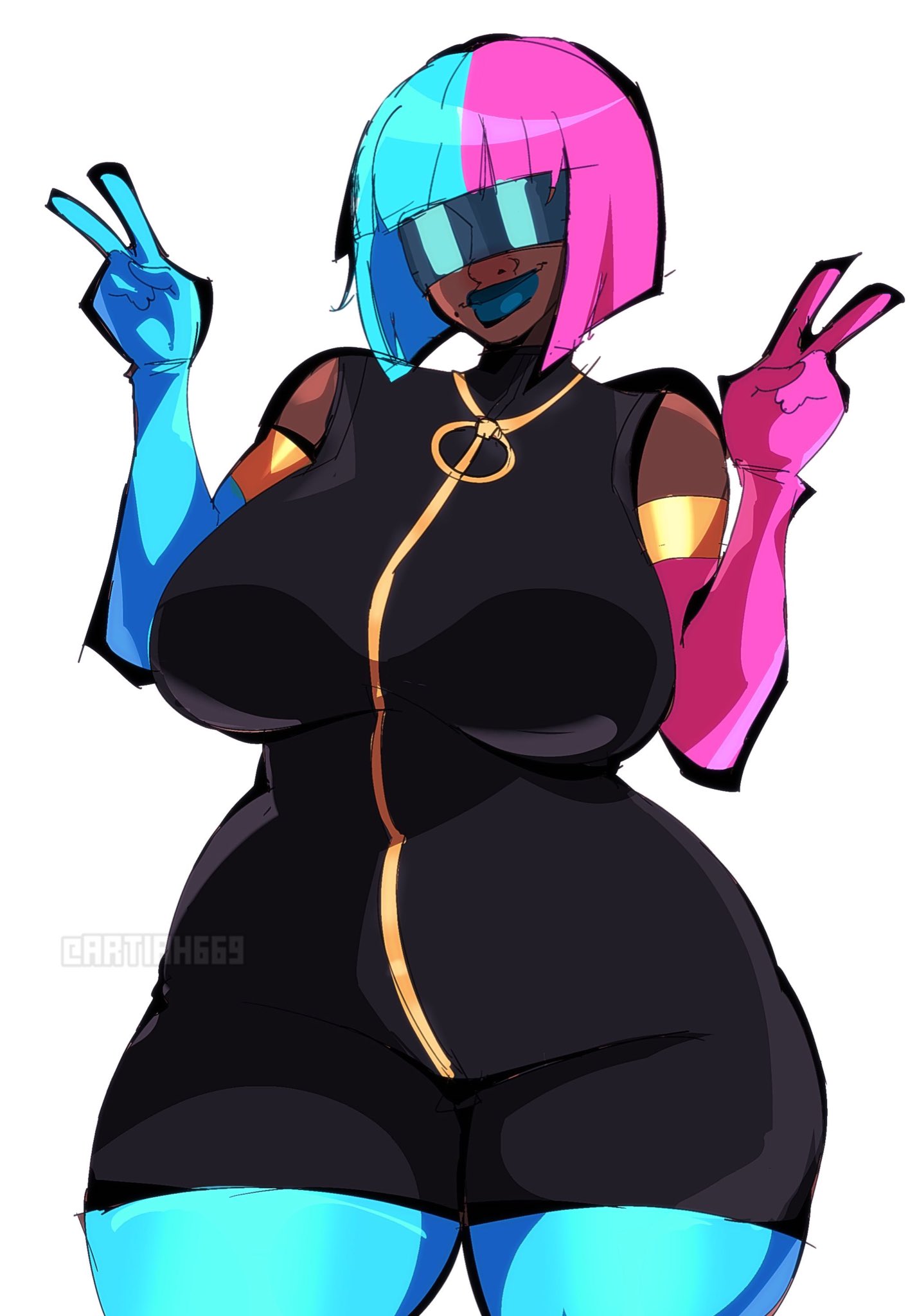 1girls, arm warmers, artiah669, bare shoulders, big breasts, black dress, blue, breasts, clothed, clothed female, clothing, dispatch (game), dress, female, female only, fleshpie669, fully clothed, fully clothed female, gloves, lipstick, long gloves, multicolored hair, prism, short hair, short hair female, smile, smiling, solo, solo female, sunglasses, thick, thick hips, thick legs, thick thighs, tight clothing, tinted eyewear, v sign, visor, white background, zipper