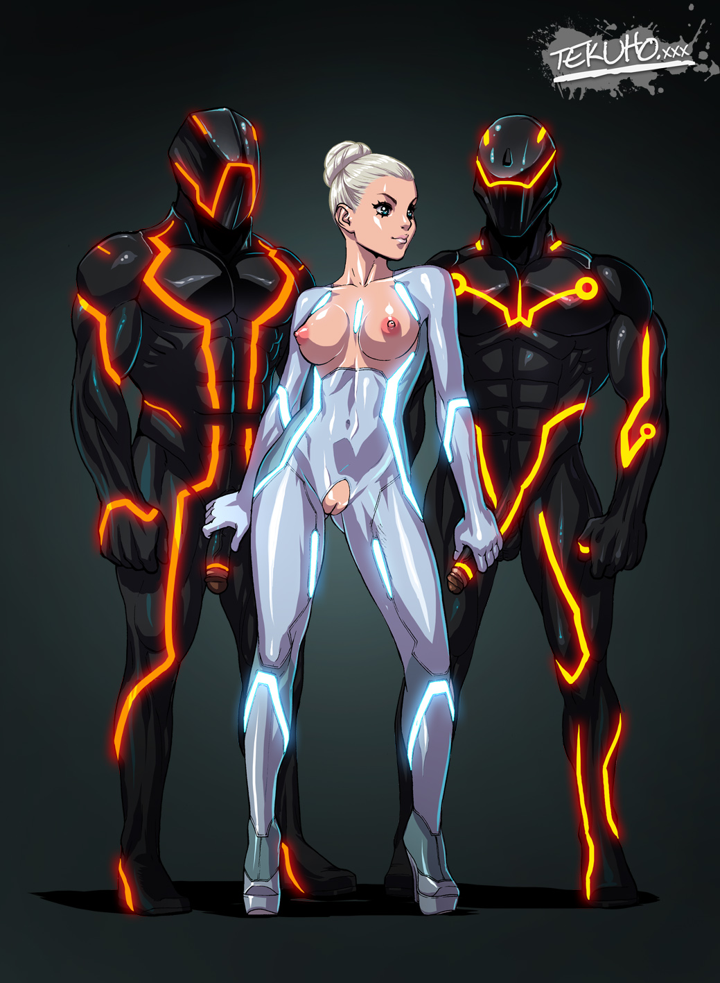 blonde_hair blue_eyes breasts catsuit disney double_handjob faceless_male gem_(tron) glow hair_bun handjob heels high_heel_boots high_heels high_tech nipples penis platform_boots platform_footwear platform_heels pussy stiletto_heels tekuho tron tron_legacy