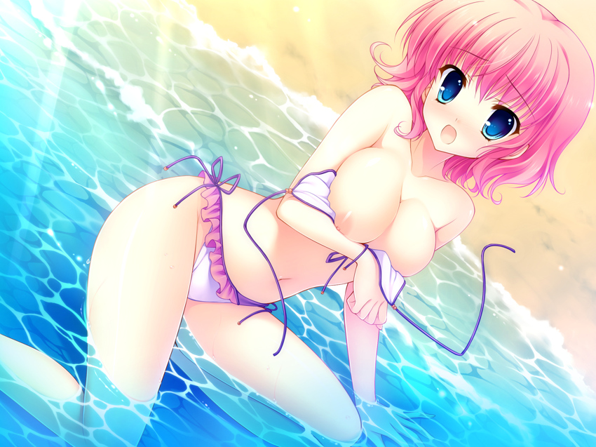 :o accidental_exposure bare_shoulders beach bikini bikini_malfunction blue_eyes blush breast_hold breasts cleavage dutch_angle enf female frilled_bikini frills game_cg highres himezono_risa large_breasts looking_at_viewer mitha navel nipple_slip nipples open_mouth partially_submerged pink_hair short_hair side-tie_bikini sitting solo sunbeam sunlight swimsuit untied wardrobe_malfunction water yuyukana